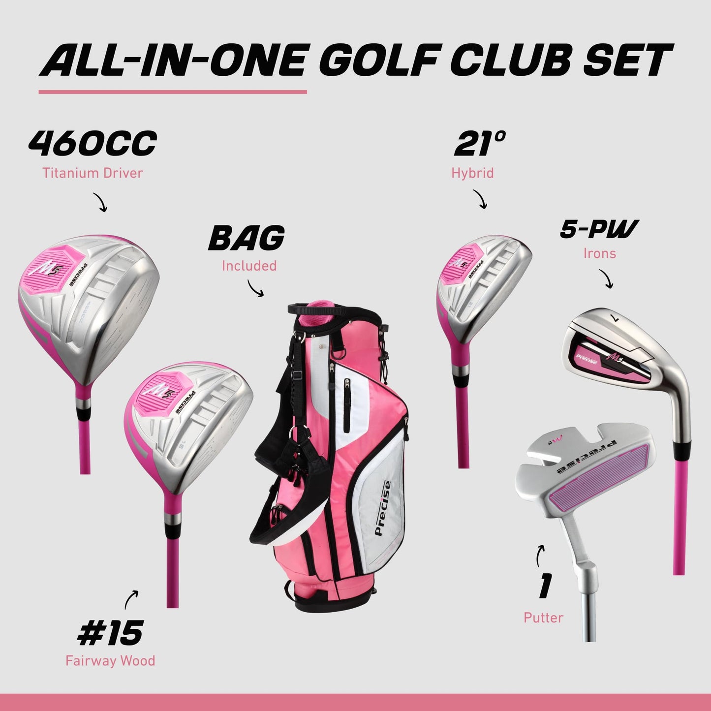 Precise M5 Womens Golf Clubs Full Set, Titanium Driver, S.S. Fairway, S.S. Hybrid, S.S. 5-PW Irons, Putter, Stand Bag, 3 H/C's, Golf Clubs Women Right Handed, Pink (Pink, Right Hand Tall Size)