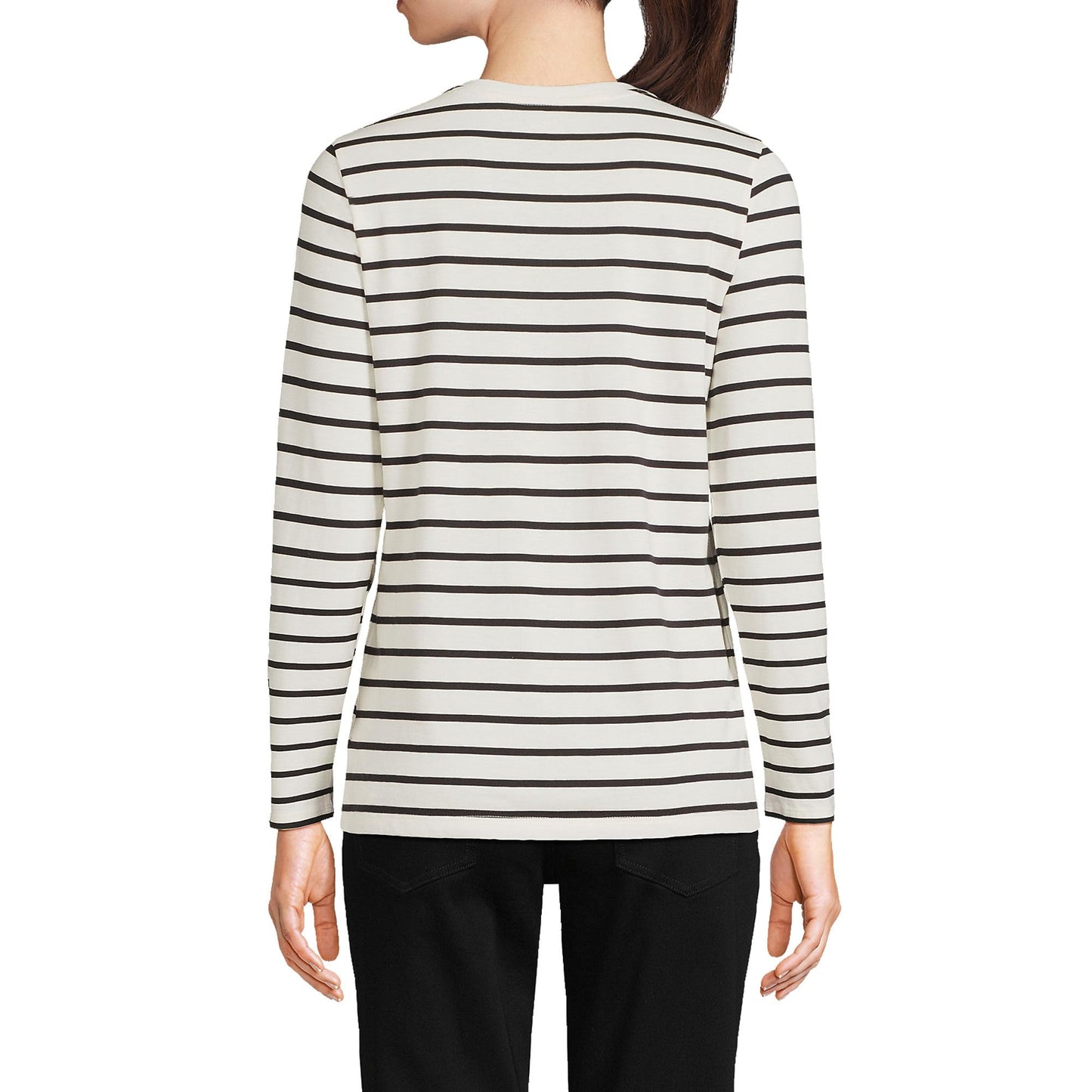 Lands' End Womens Long Sleeve Relaxed Supima Cotton Crew Neck T Shirt Ivory/Black Breton Stripe Tall X-Large