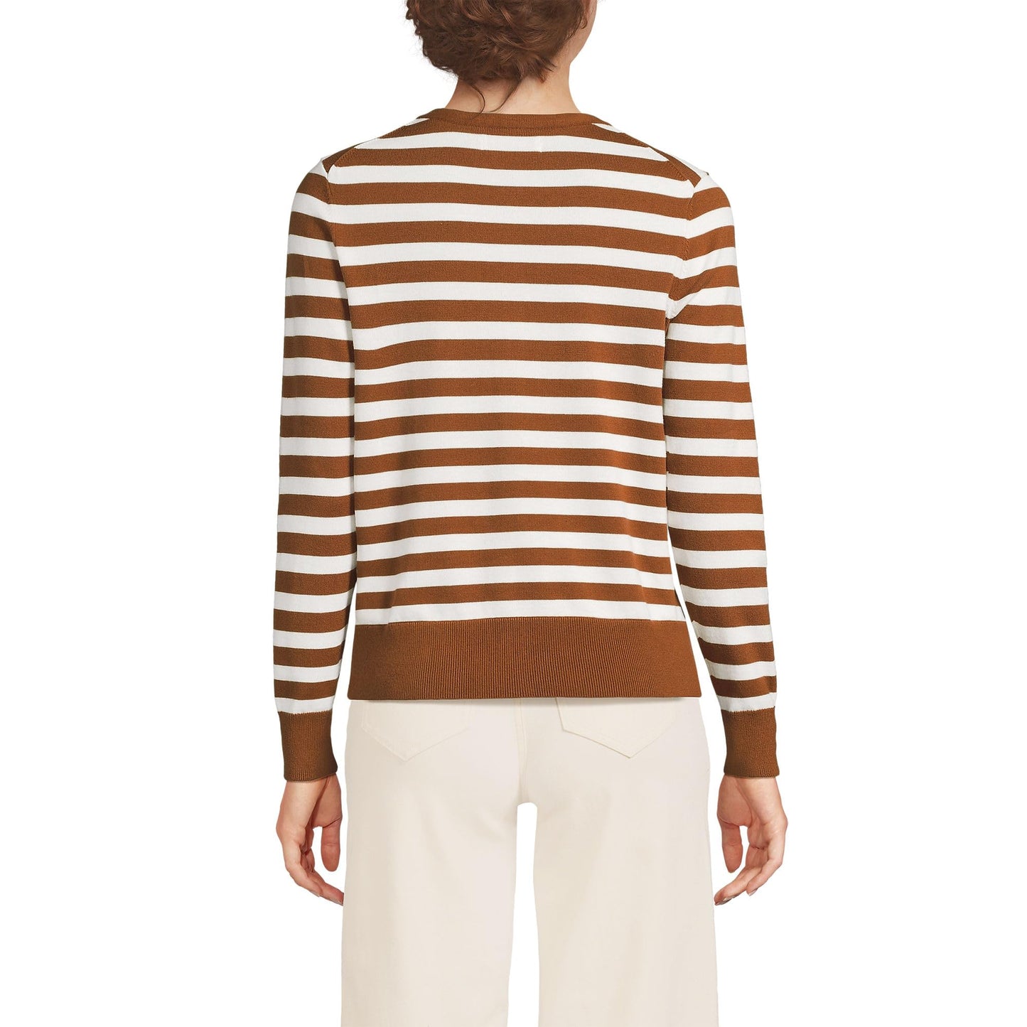 Lands' End Womens FG Cotton Cardigan Sweater Rich Ginger/Fresh Ivory Tall Small