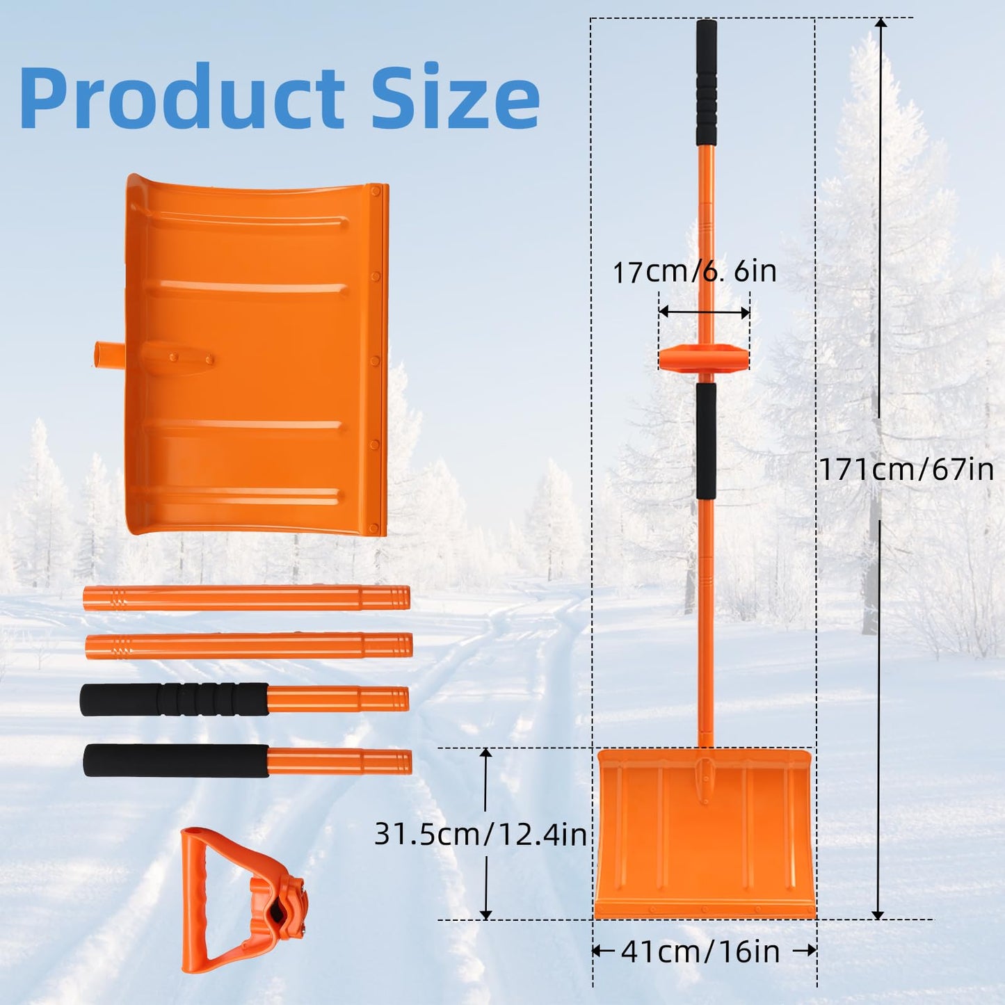 Snow Shovel for Driveway 67 Inch Shovel with Labor-Saving Tool Handle, Snow Removal with Large Scoop Snow Shovel for Car Outdoor Emergency, Orange