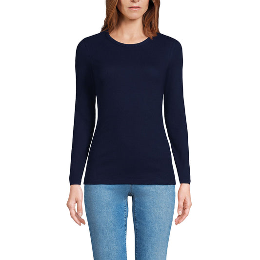 Lands' End Womens Long Sleeve Micro Rib Crew Deep Sea Navy Tall Large