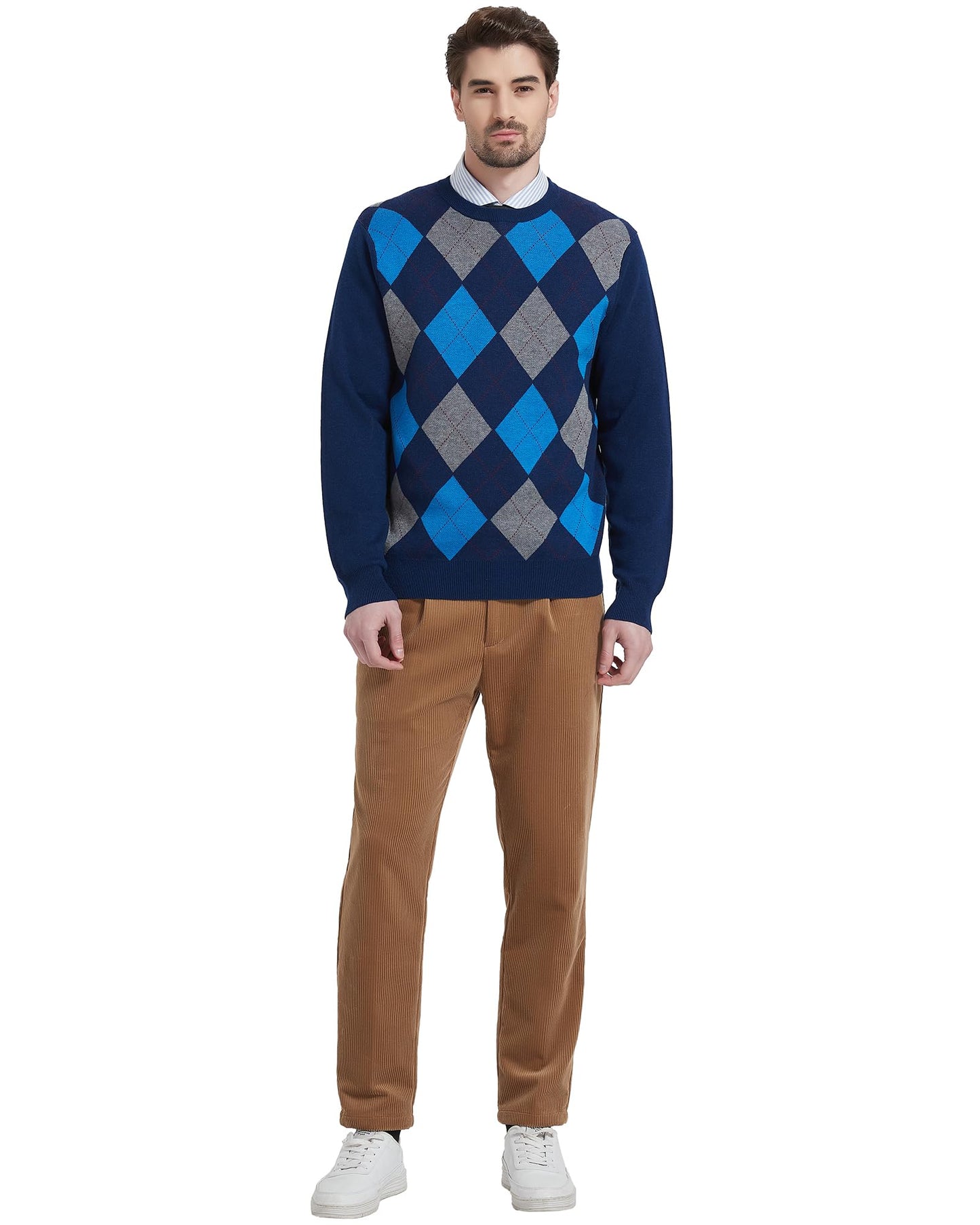 Kallspin Men's Wool Blend Crewneck Sweater Argyle Long Sleeve Pullover Sweater for Casual Or Dressy Wear(Navy Blue,3XL-Tall)