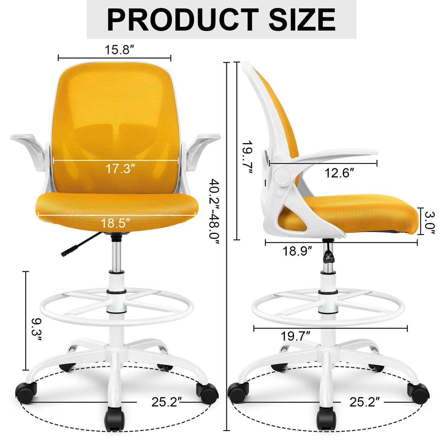 Primy Drafting Chair Tall Office Chair with Flip-up Armrests Executive Ergonomic Computer Standing Desk Chair with Lumbar Support and Adjustable Footrest Ring (Mustard)