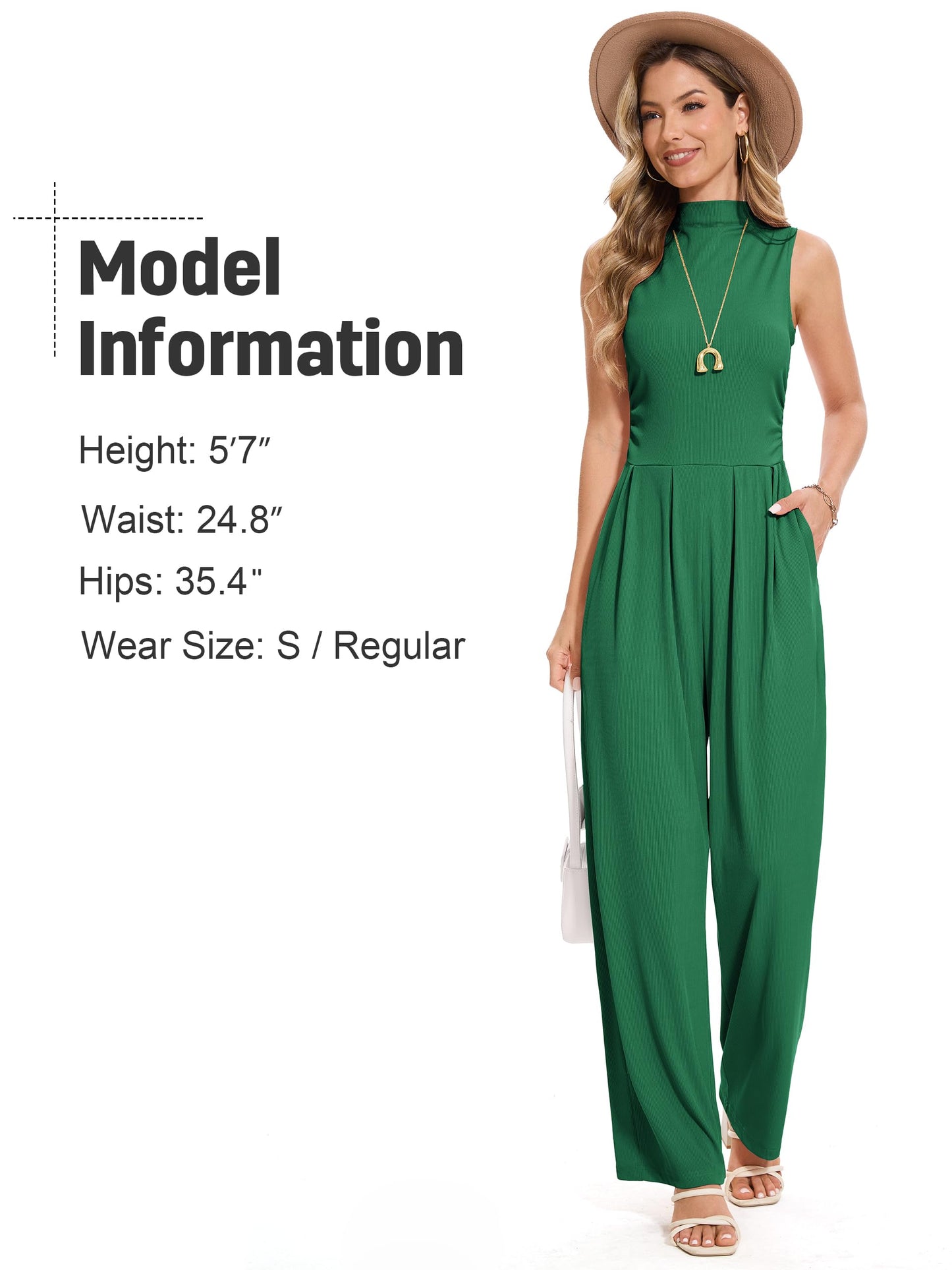 Tapata Women's Jumpsuits Dressy Casual One Piece Outfits Sleeveless Rompers Wide Leg Pants with Pockets, Tall, Green, Large