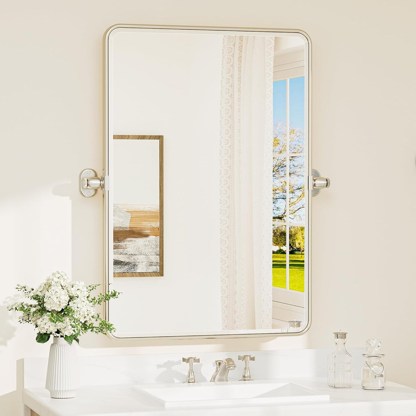Up-titling Mirror for Bathroom - Metal Framed, Modern Farmhouse Beveled Rounded Corner