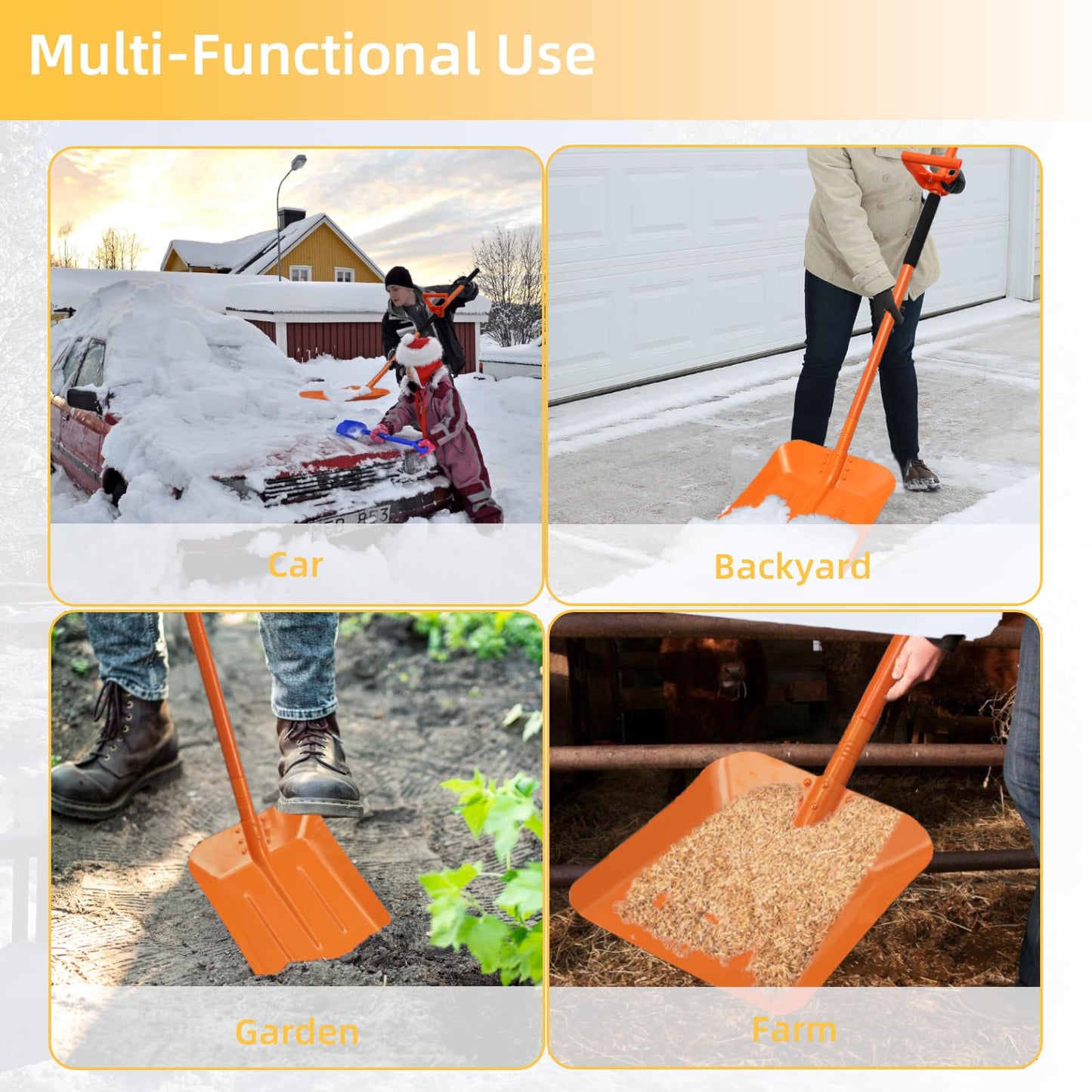 Snow Shovel for Driveway 69 Inch Portable Shovel with Back-Saving Tool Handle Adjustable Large Capacity Snow Shovel for Car Multifunctional Shovel for Cars Garden Farm, Orange