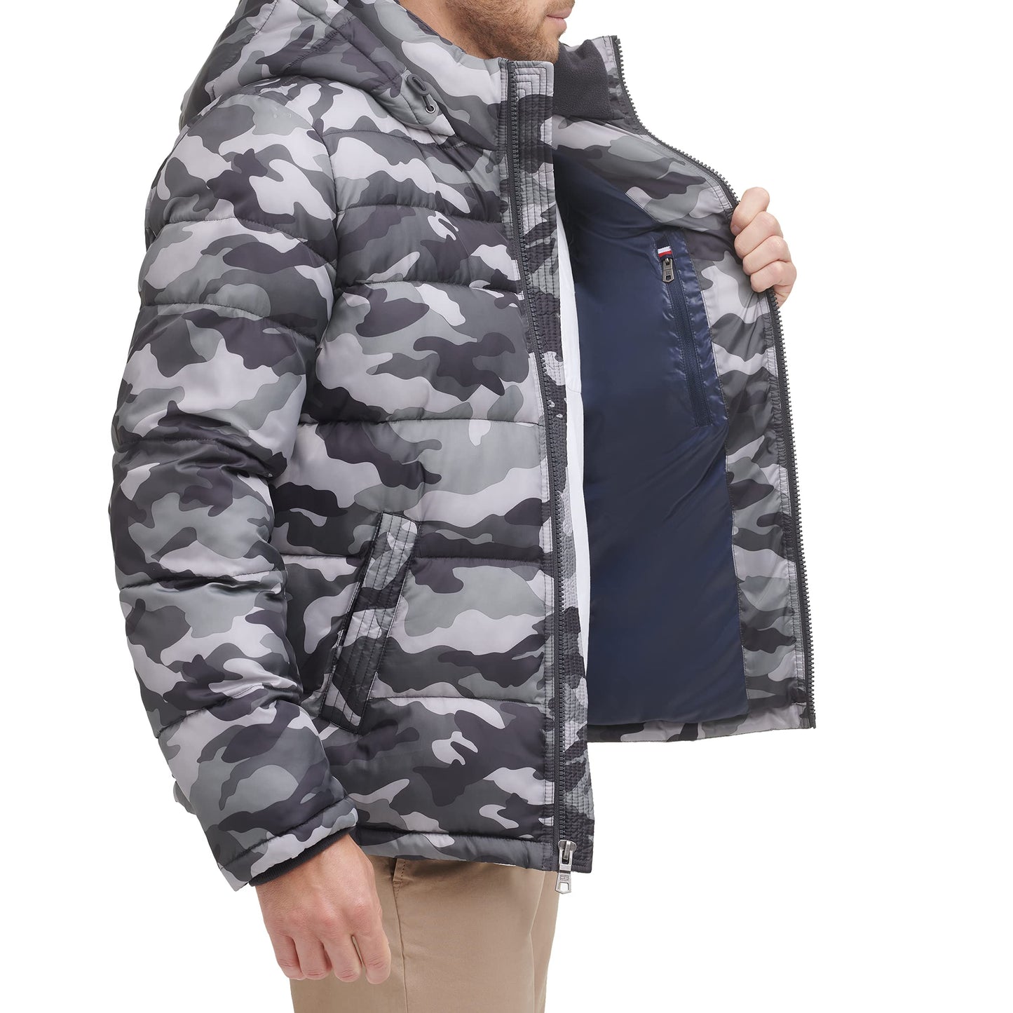 Tommy Hilfiger mens Hooded Puffer Jacket Down Alternative Coat, Grey Camouflage, 3X-Large Tall US
