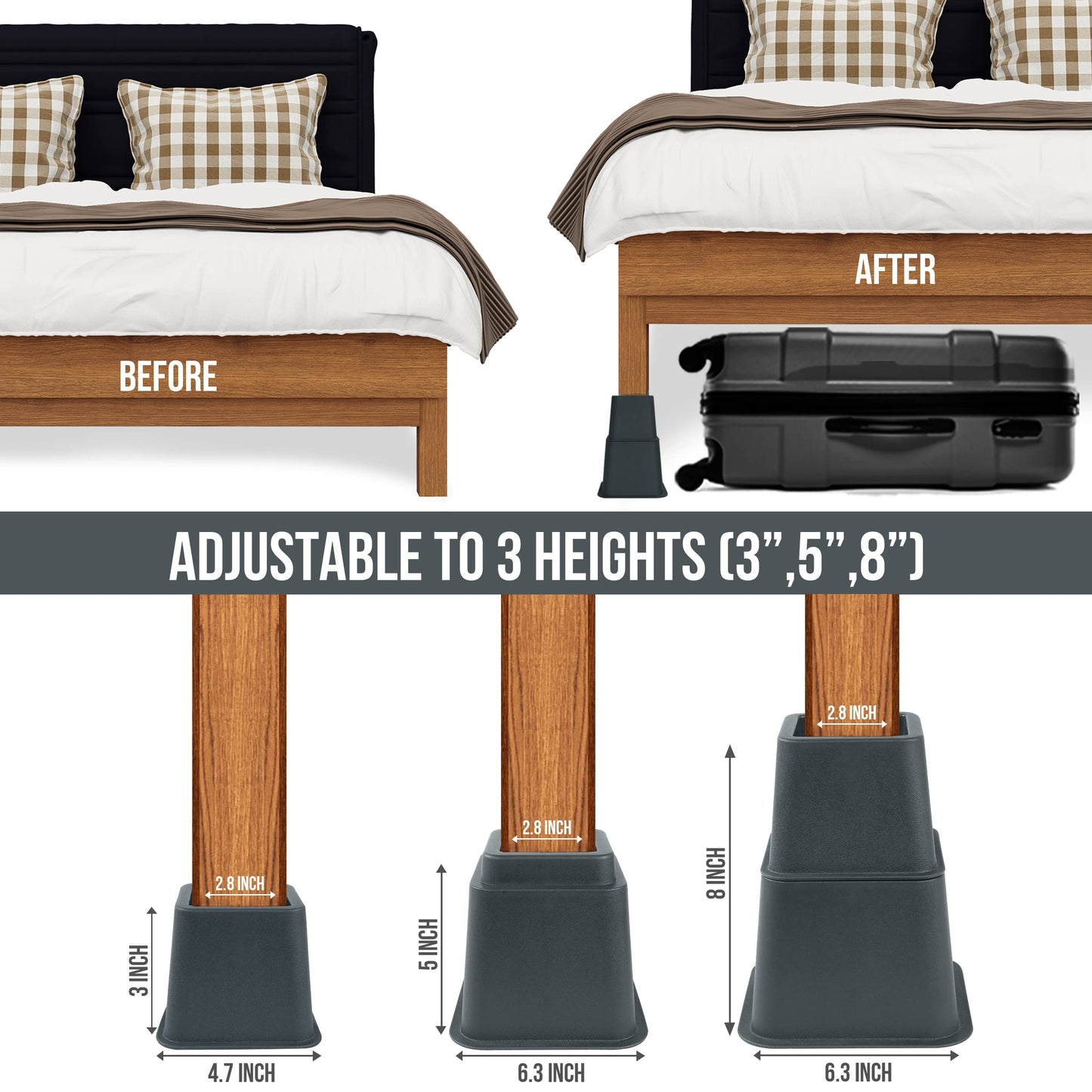 Utopia Bedding Adjustable Bed Furniture Risers - Elevation in Heights 3, 5 or 8 Inch Heavy Duty Risers for Beds - Supports up to 1,300 lbs - (Set of 4 Riser, Grey)