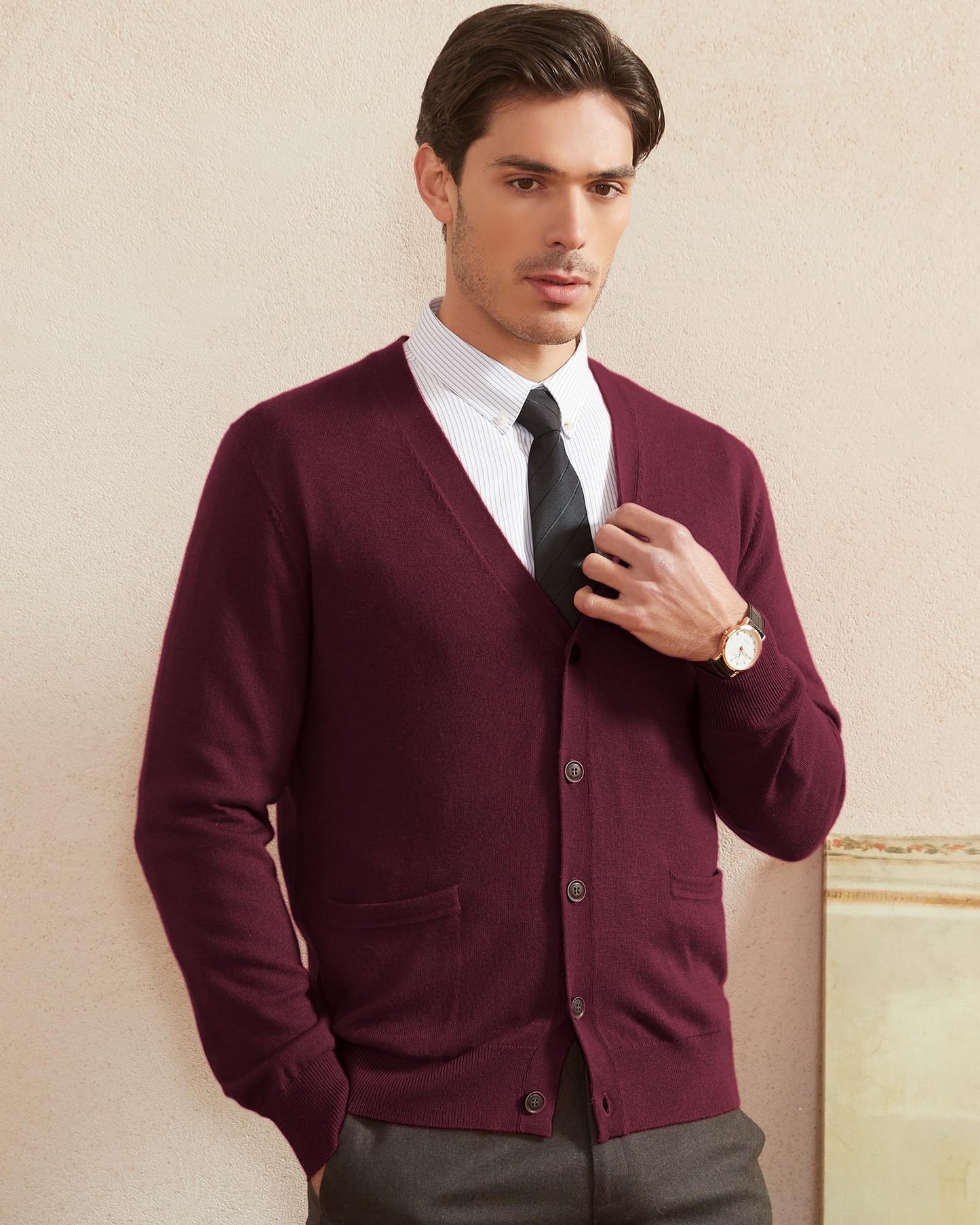 Kallspin Men's Tall Cardigan Sweaters Wool Blend V Neck Button Down Sweaters with Pockets(Burgundy Red, 3XL-Tall)