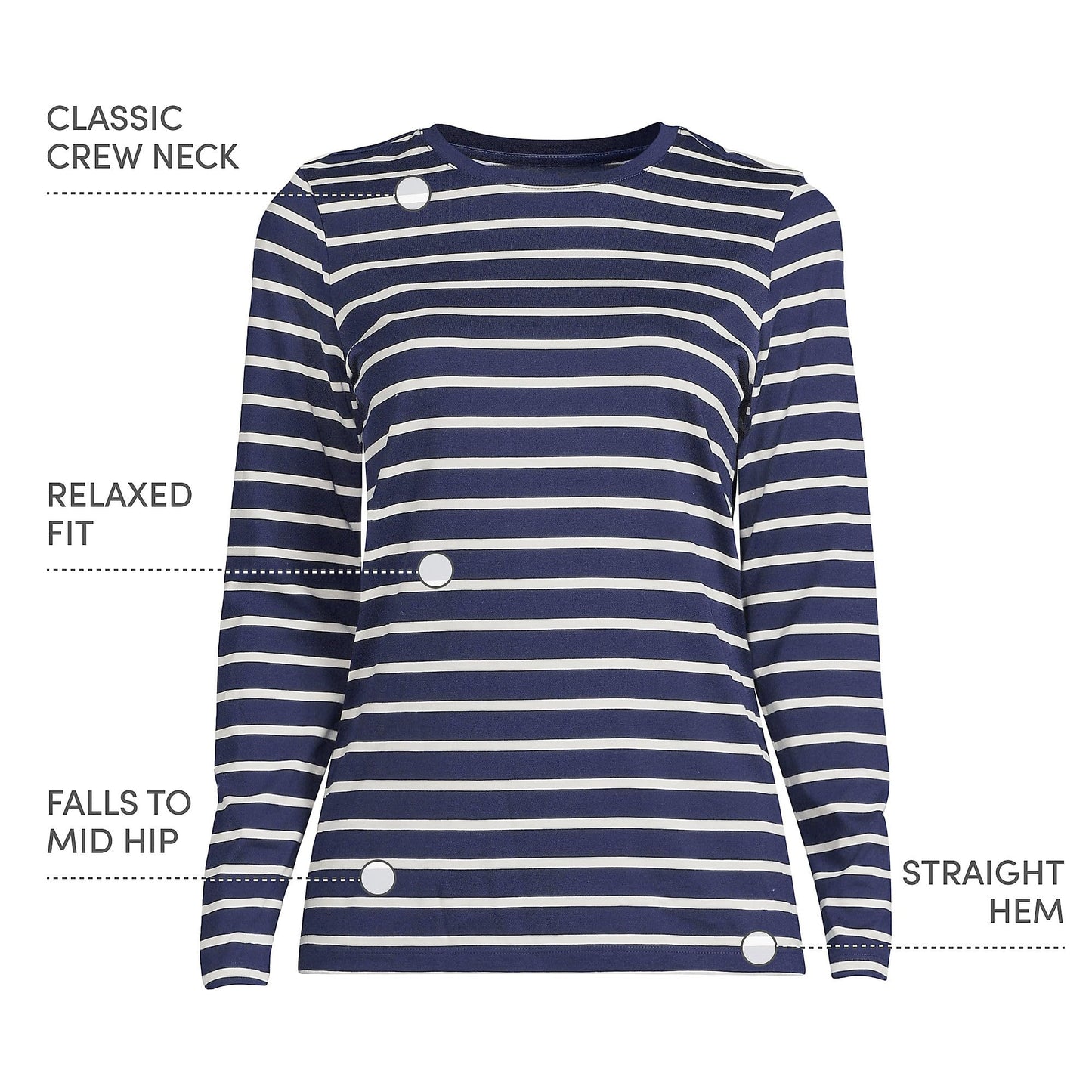 Lands' End Womens Long Sleeve Relaxed Supima Cotton Crew Neck T Shirt Deep Sea Navy Breton Stripe Tall Medium
