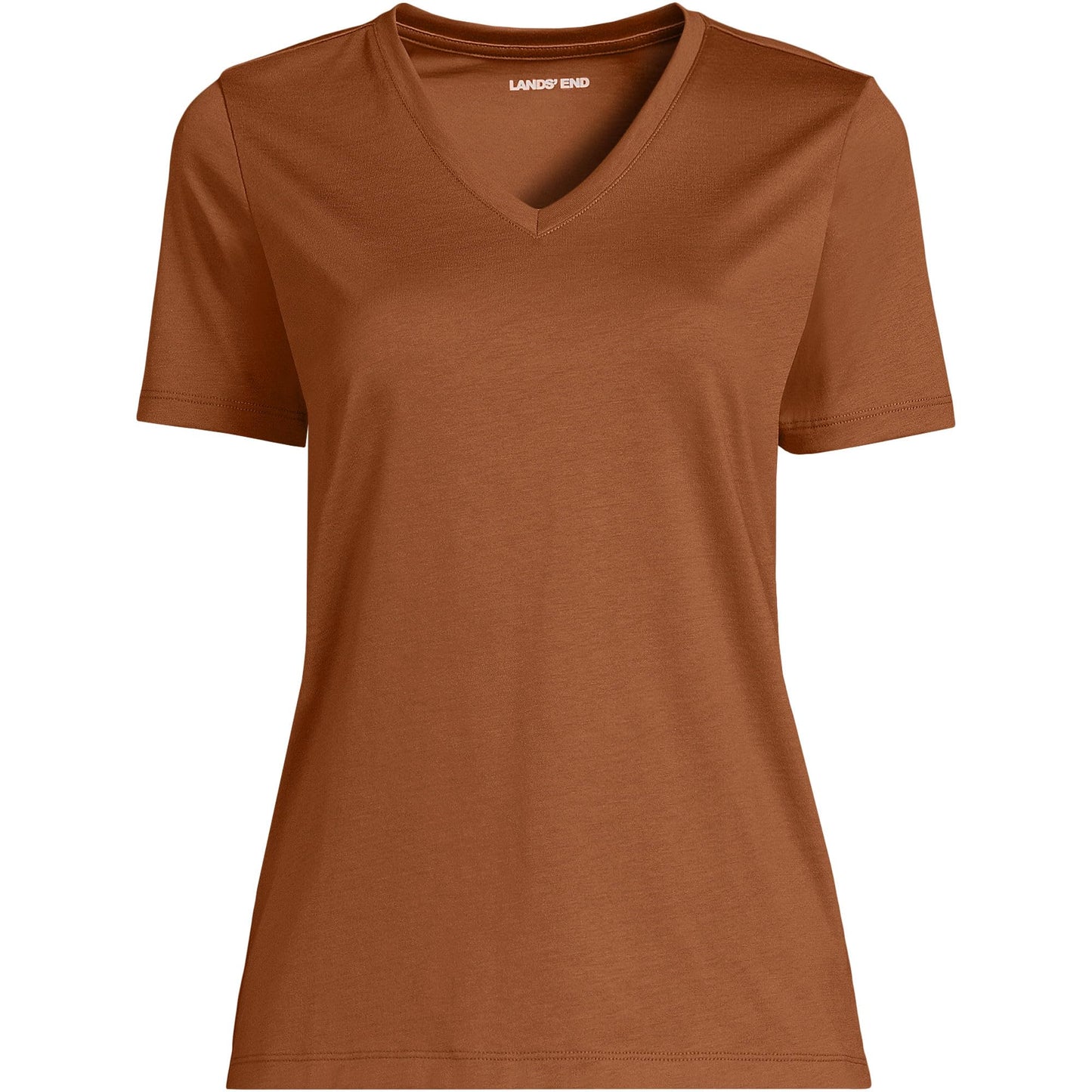 Lands' End Womens SS Relaxed Supima V Neck T Shirt Rich Ginger Brown Tall Small