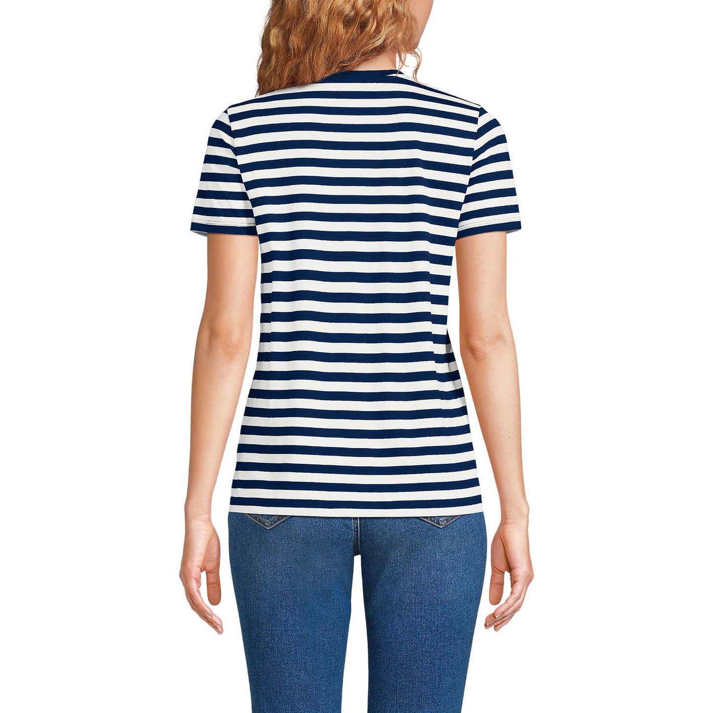 Lands' End Womens SS Relaxed Supima V Neck T Shirt Deep Sea Navy Even Stripe Tall X-Large