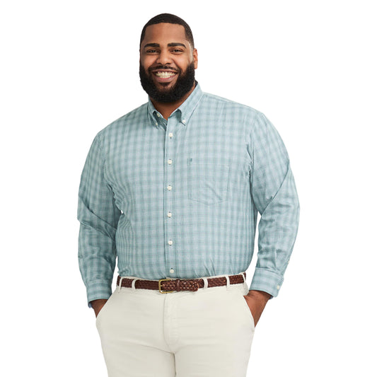 IZOD Men's Big and Tall Performance Comfort Long Sleeve Gingham Button Down Shirt, Bistro Green, 3X-Large Tall
