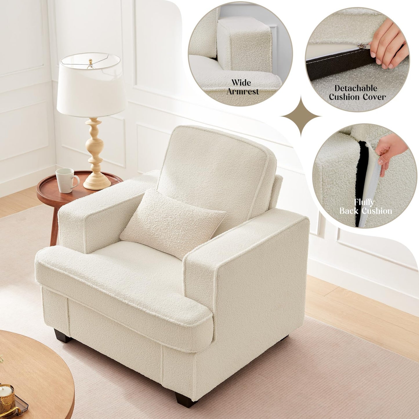 Couches for Living Room, 38” Cloud Couch in Soft Teddy Fleece, Removable Cover, Easy Assembly, Modern Sofa for Living Room/Bedroom/Office/Apartment, Beige