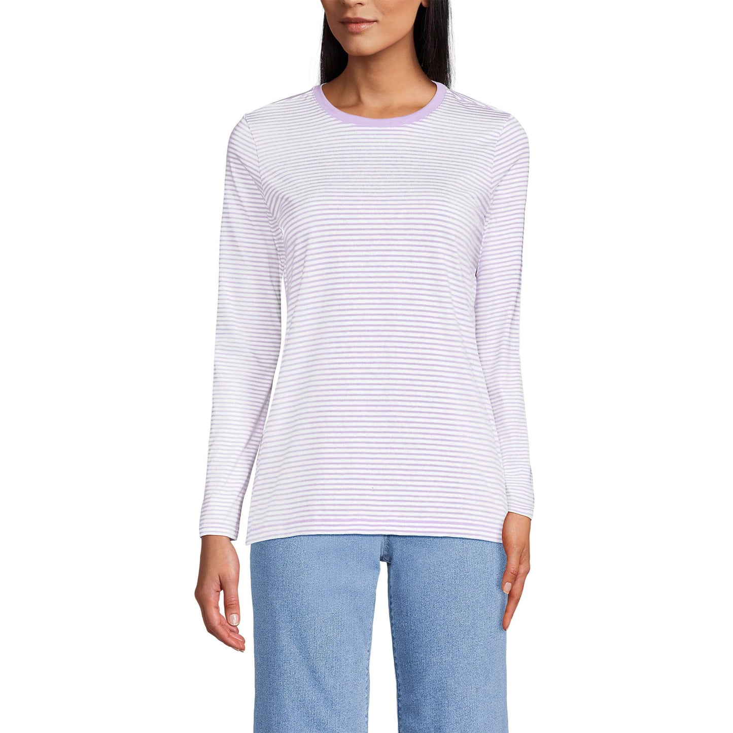 Lands' End Womens Long Sleeve Relaxed Supima Cotton Crew Neck T Shirt Lilac Petal/Ivory Micro Stripe Tall Large