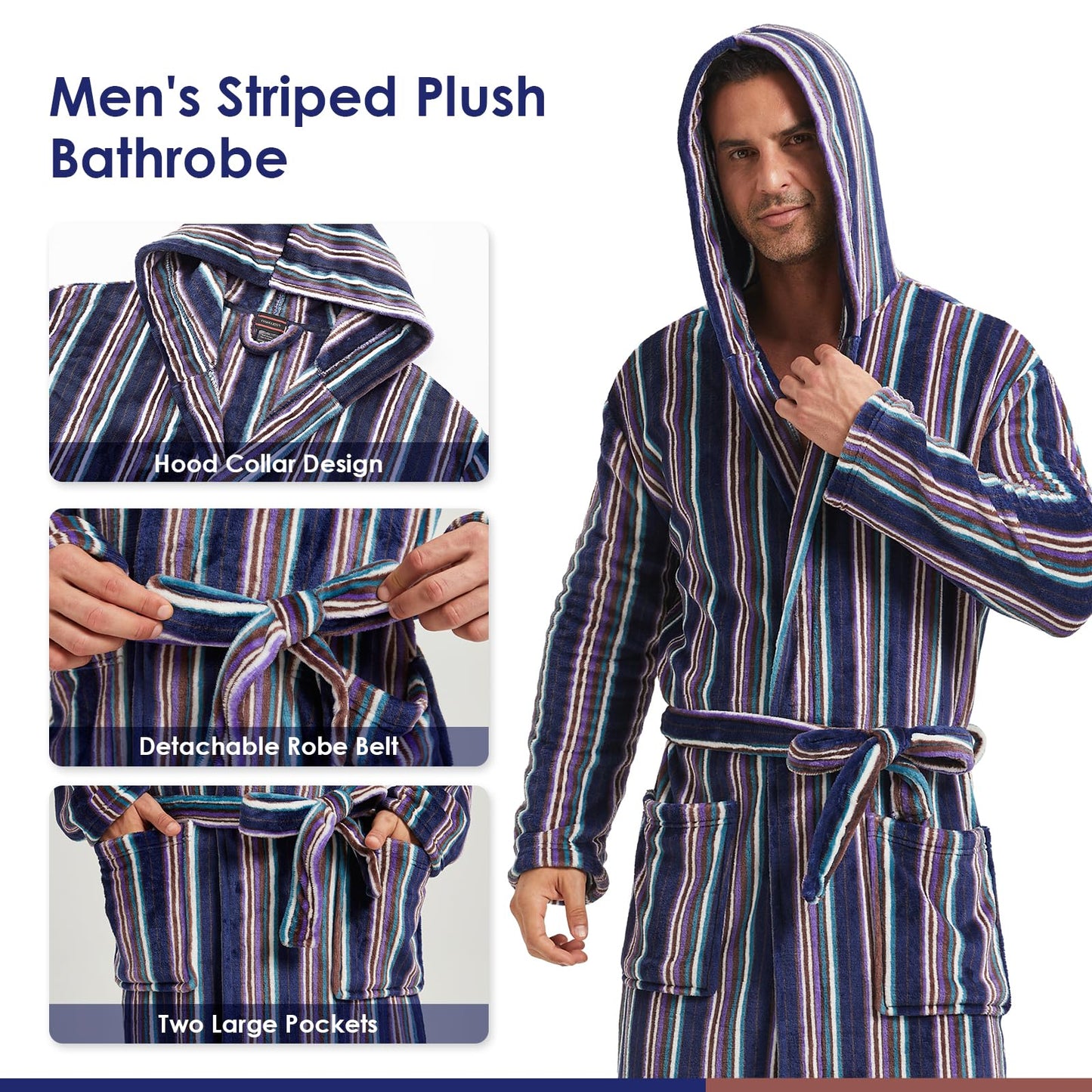 FashGudim mens big and tall robe long full length camo robe with hood for tall men warm plush house robes Fleece Bathrobes (Blue Stripe, S/M)