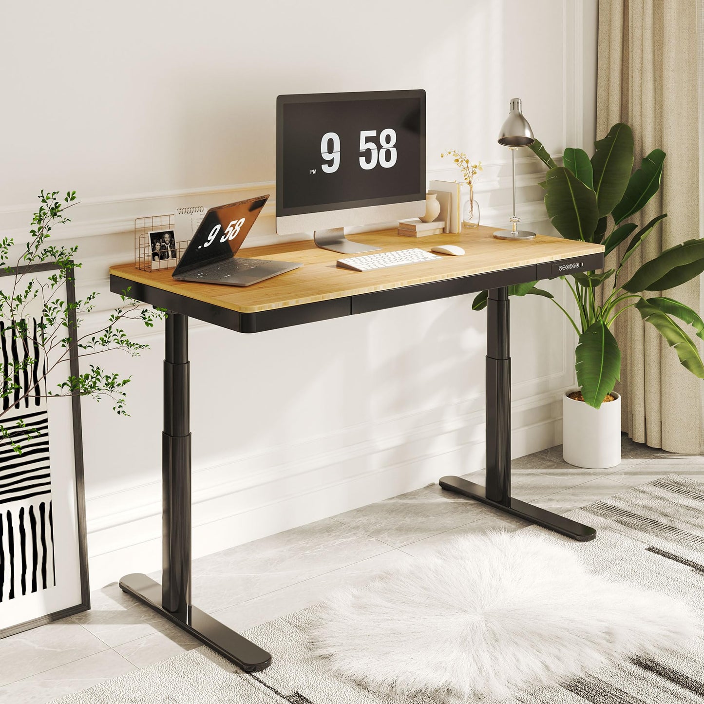 SANODESK Standing Desk with Drawer,Dual Motor 3 Stage Electric Height Adjustable Home Office Desk with Storage & Wireless Charging, 55 inch Bamboo Tabletop/Black Frame - 49.2" Max Height