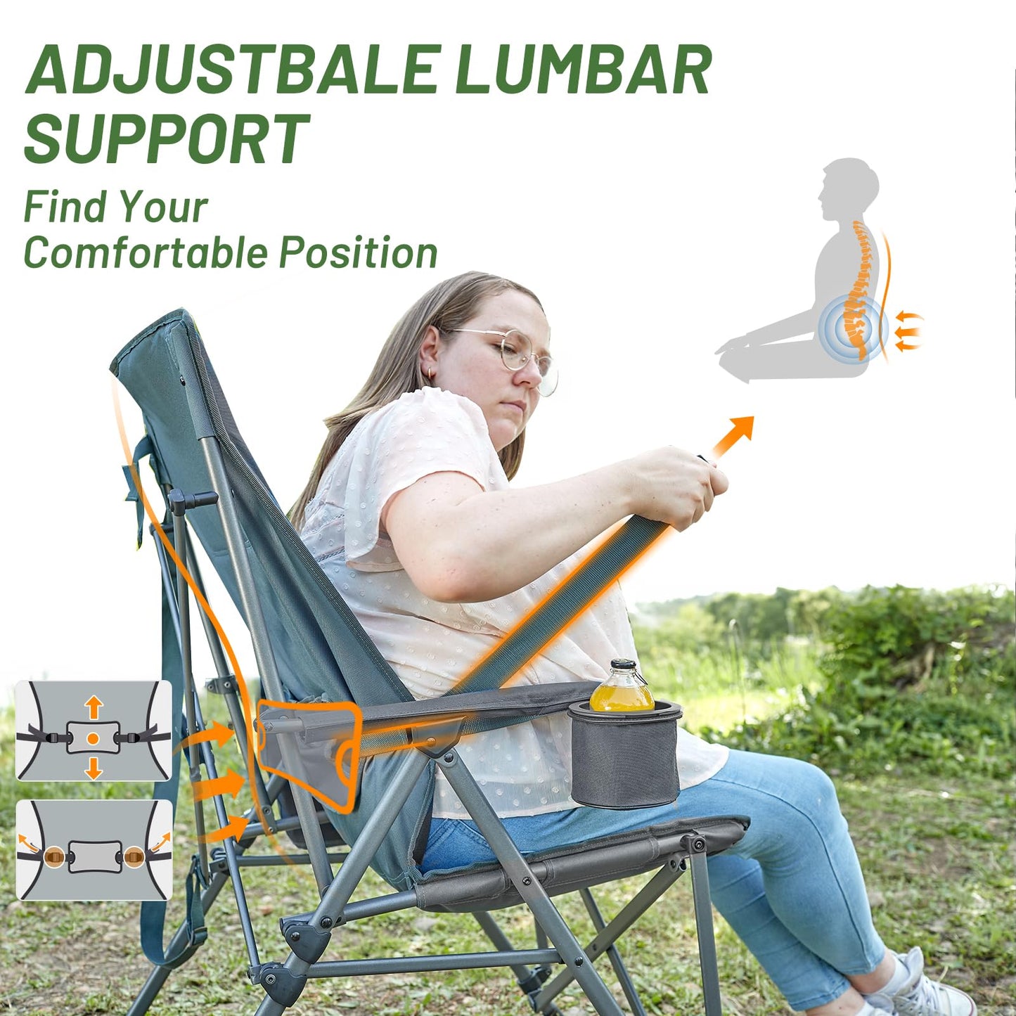 TIMBER RIDGE Oversized Camping Chair with Lumbar Support, Portable Folding Chair Heavy Duty for Adults Supports 450 LBS for Outdoor Camping, Lawn, with High Back, Cup Holder, Side Pocket - Grey