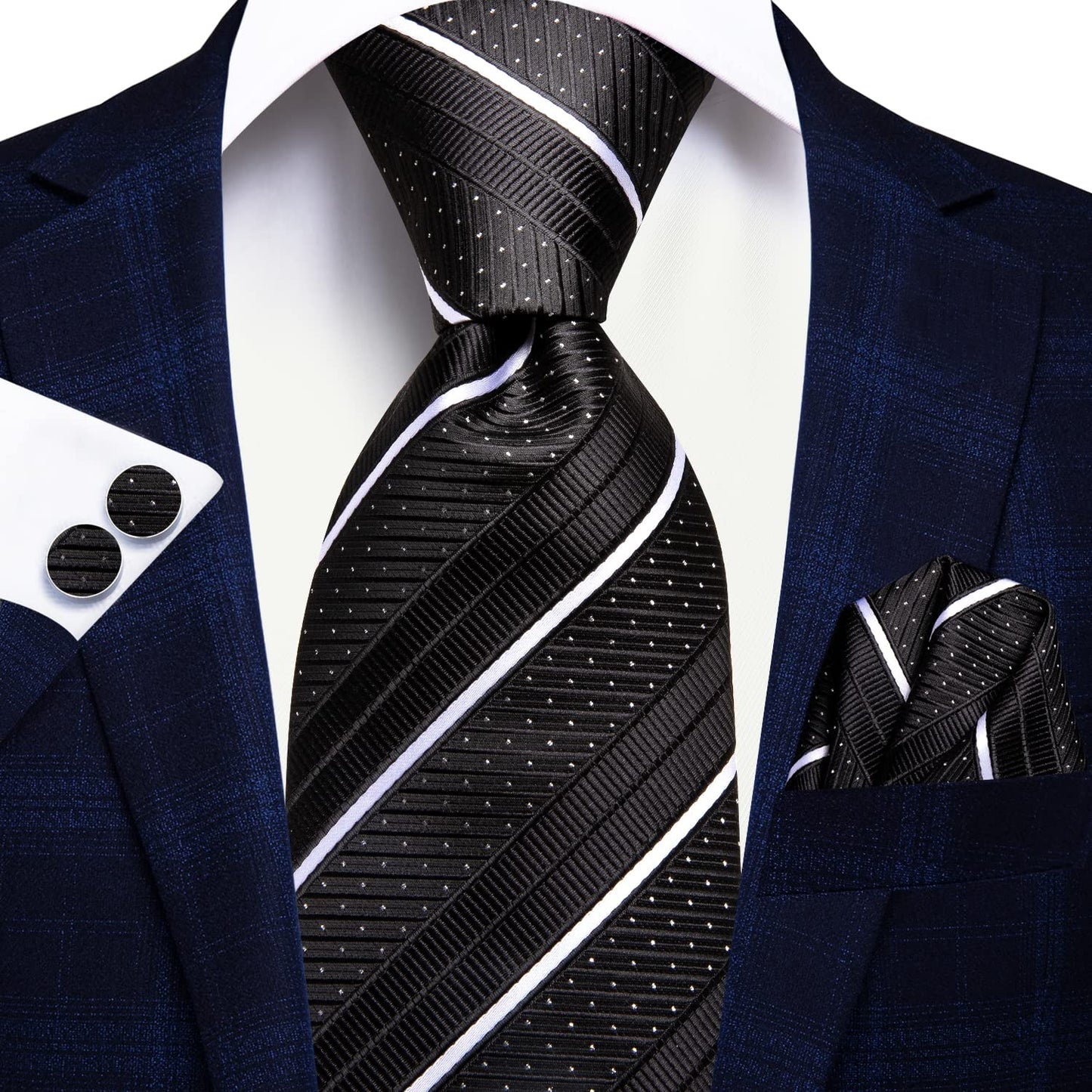 Hi-Tie Black and White Tie 63'' Long Ties for Men Silk Mens Ties Set Suit Necktie and Pocket Square Cufflink for Wedding