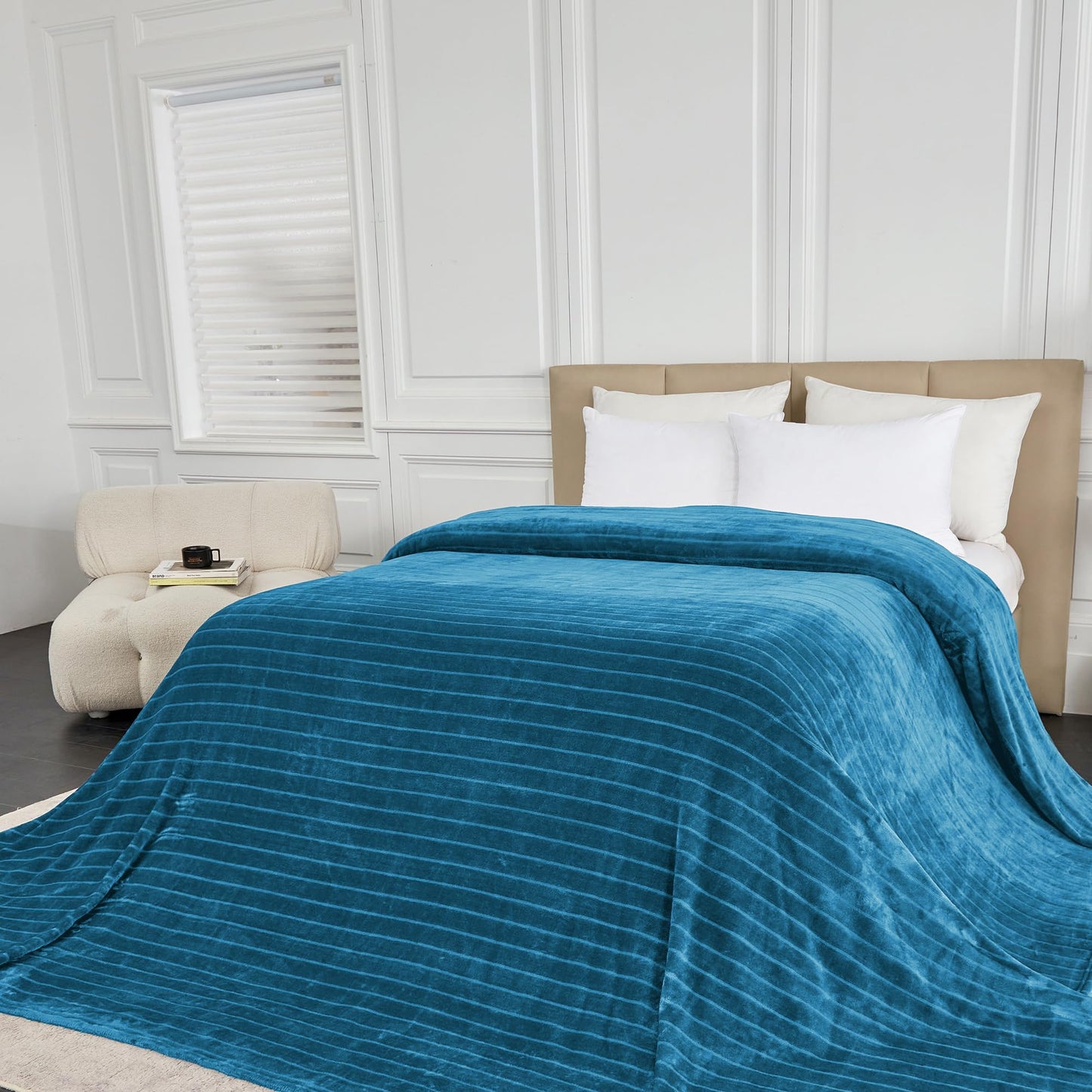 Serenhom Extra Large 120x120 Inch Giant Soft Cozy Fleece Blanket, Huge Oversized Seamless King 3D Jacquard Decorative California King Blanket for Bed, Couch, Travel - Striped Teal