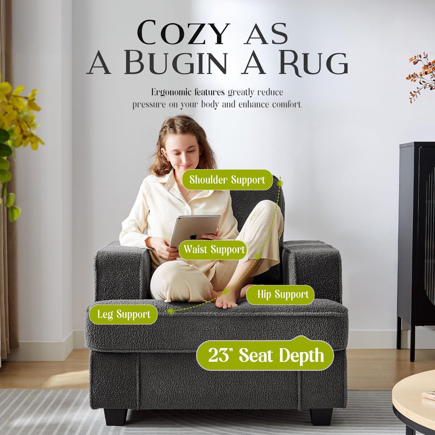 Couches for Living Room, 38” Cloud Couch in Soft Teddy Fleece, Removable Cover, Easy Assembly, Modern Sofa for Living Room/Bedroom/Office/Apartment, Dark-Gray