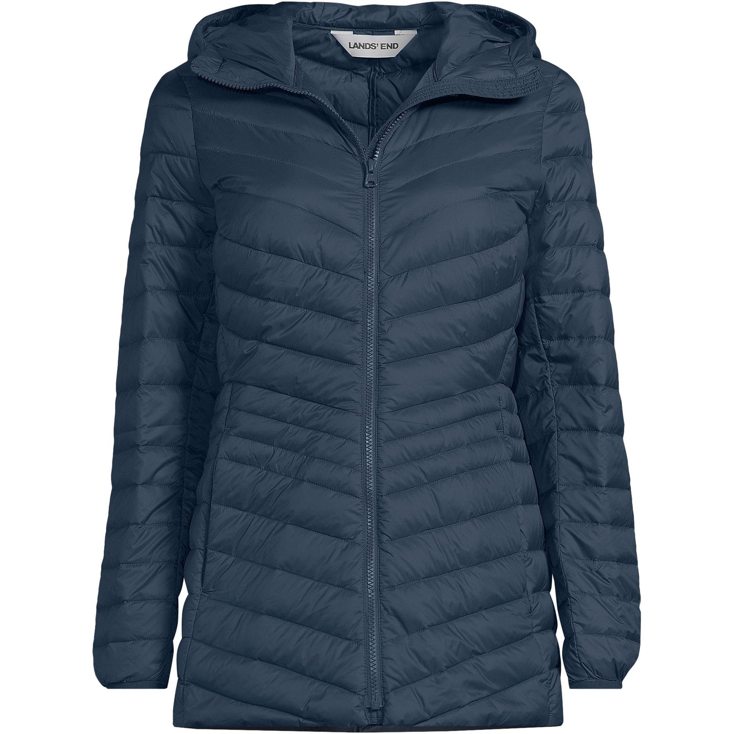 Lands' End Womens Packable Chevron Hooded Long Wanderweight Down Jacket Vintage Blue Tall Large