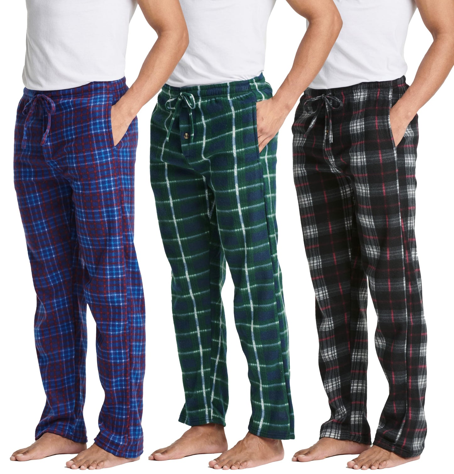 Real Essentials 3 Pack: Mens Fleece Plaid Pajama Pants - Lounge Pajama Bottoms - Set 5, 5X Tall