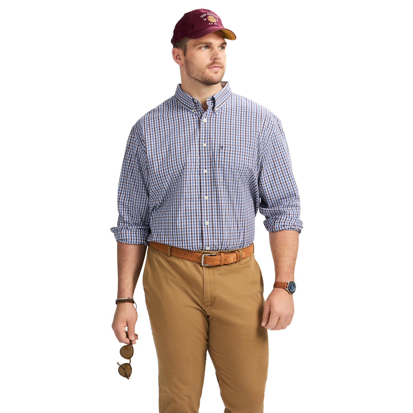 IZOD Men's Big and Tall Performance Comfort Long Sleeve Gingham Button Down Shirt, Plum Perfect, XX-Large Tall