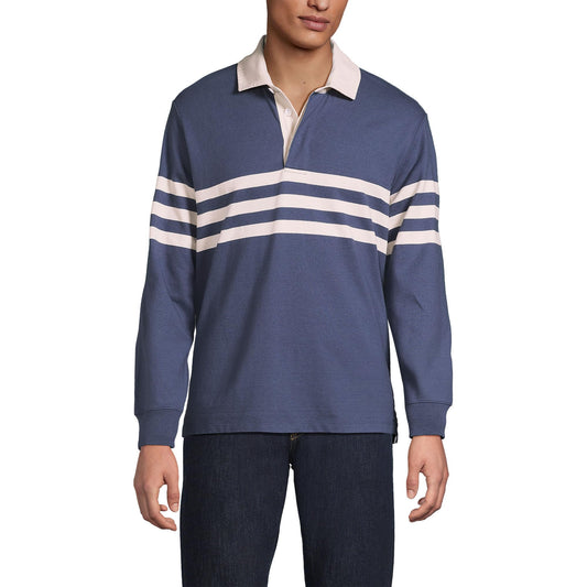 Lands' End Mens Long Sleeve Rugby Polo Shirt Nightfall Blue/Ivory Stripe Tall XX-Large