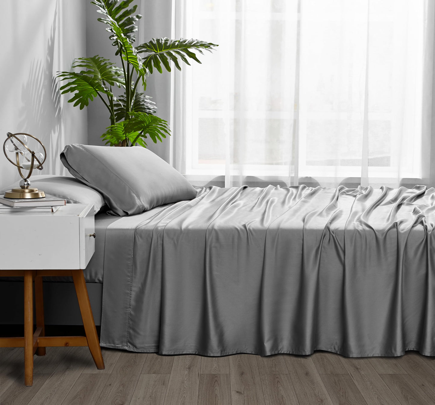 ACCURATEX Cooling Sheets California King Size - Viscose Made from Bamboo, Luxury Cool Silky Sheet Set for Cal King Size Bed, Super Soft Breathable Bed Sheets up to 16 inches Deep Pockect,Grey
