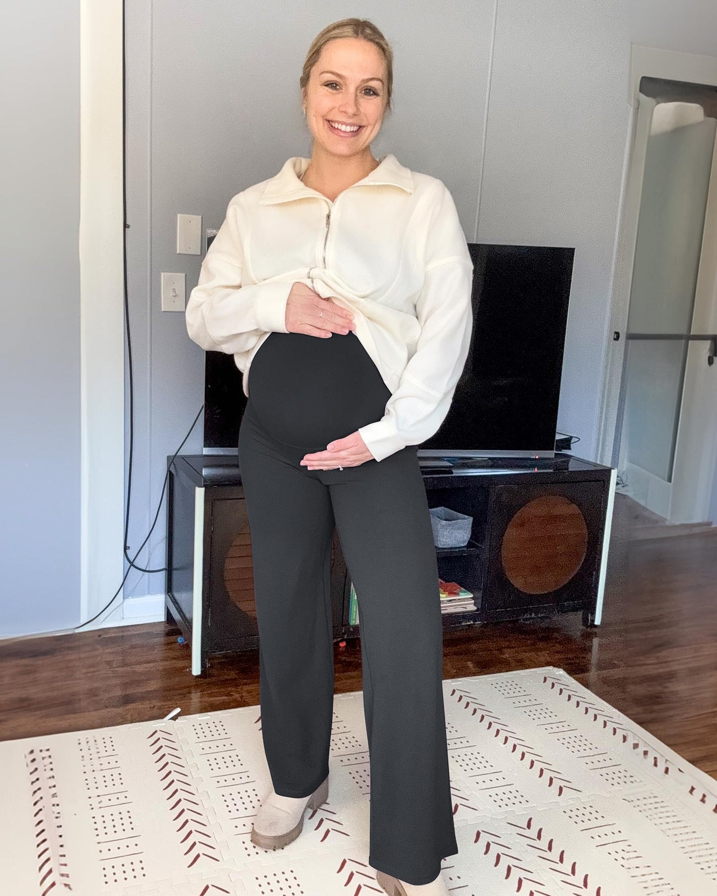 G4Free Maternity Sweatpants Over The Belly Stretchy Pregnancy Pants for Work Wide Leg Loose Business Casual Dress Pants (Black,XS,32")