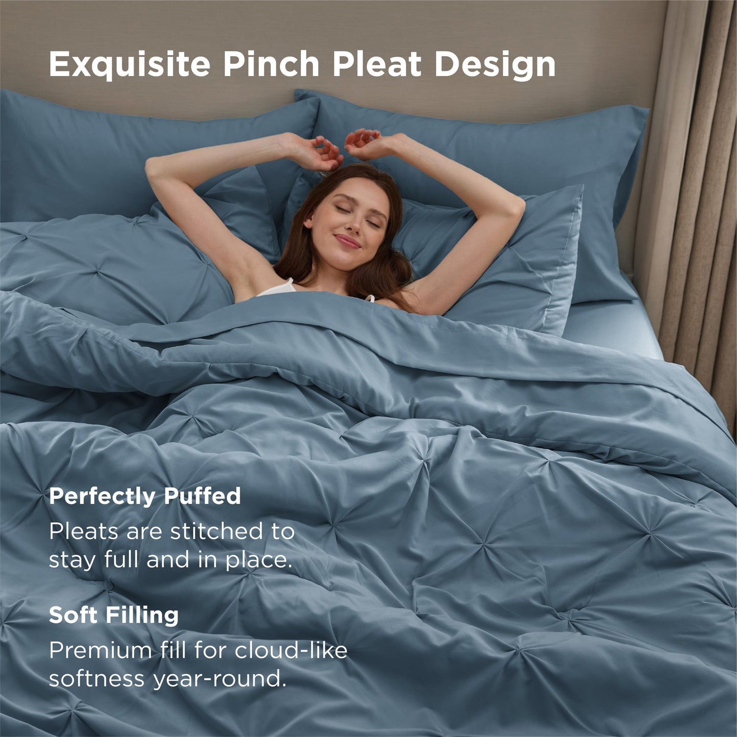 Bedsure California King Comforter Set Mineral Blue - Bed in a Bag California King 7 Pieces, GentleSoft™ Pintuck Bed Set Gift for Family, Pinch Pleat Blue Comforter with Sheets, Pillowcases & Shams