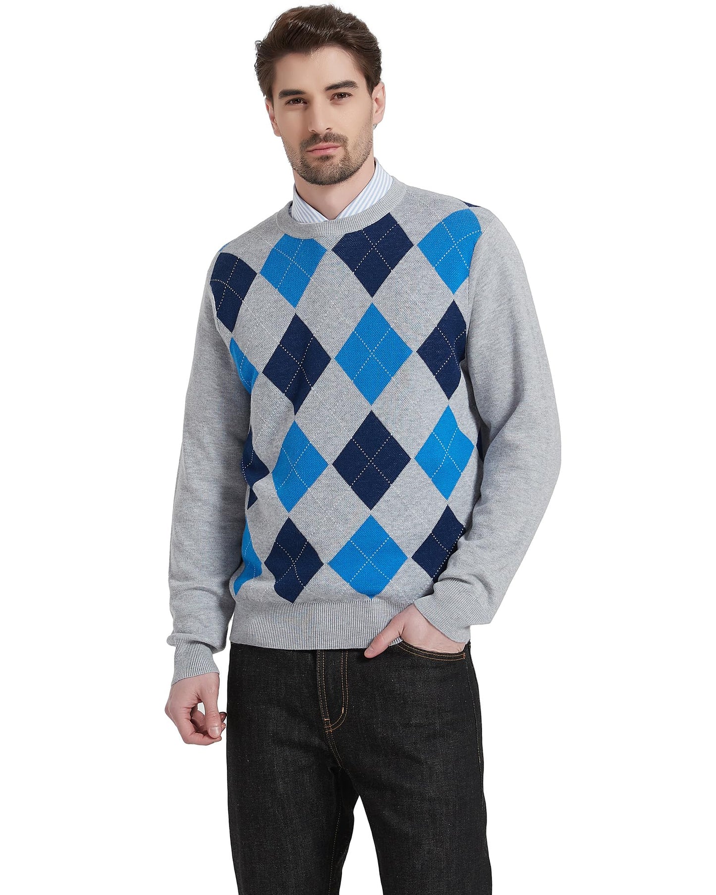 Kallspin Men's Wool Blend Crewneck Sweater Argyle Long Sleeve Pullover Sweater for Casual Or Dressy Wear(Light Grey,2XL-Tall)
