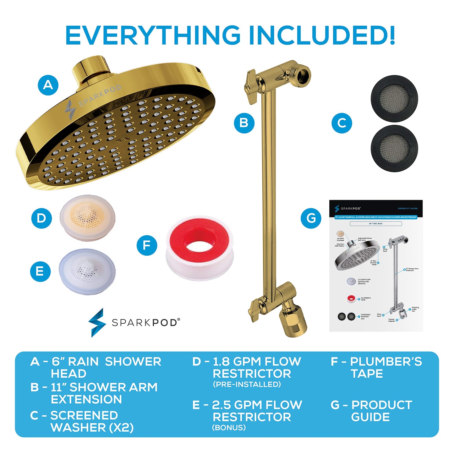 SparkPod Round Rain Shower Head with Extension Arm - Height Adjustable Shower Head with High Pressure Performance - Easy 1-Minute Installation (11" Arm Extension, Egyptian Gold)