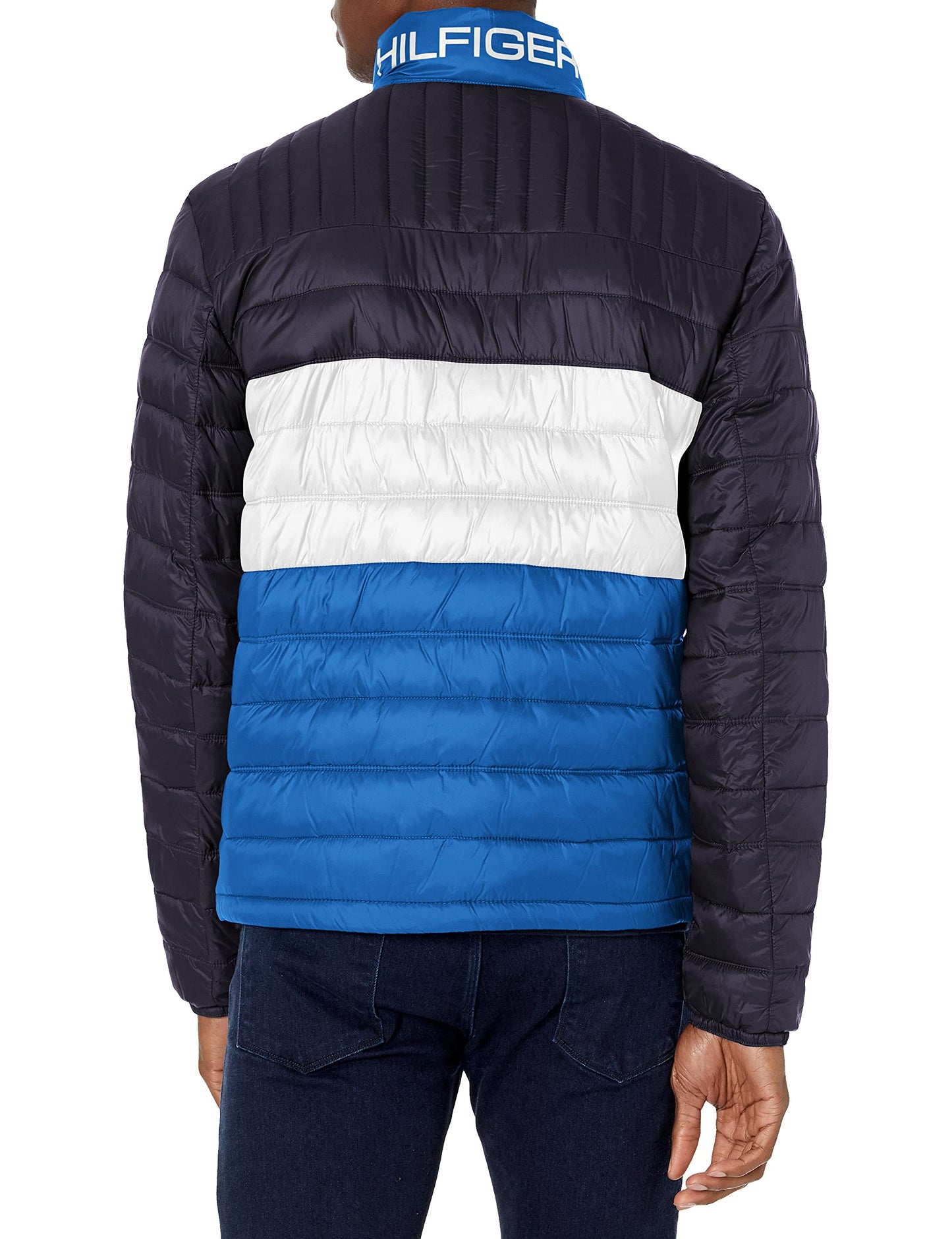 Tommy Hilfiger Men's Water Resistant Ultra Loft Down Alternative Puffer Jacket, Royal Blue Color Block, Large Tall