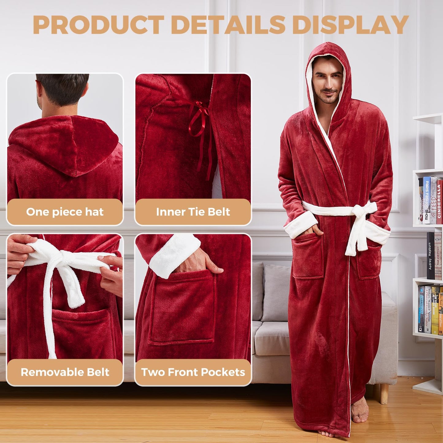 FashGudim Mens Robes Big and Tall with Hood Two-Tone Flannel Fleece Contrast Bathrobe Full Length Plush Long Robe Warm House Coat (Red & White, XXL)