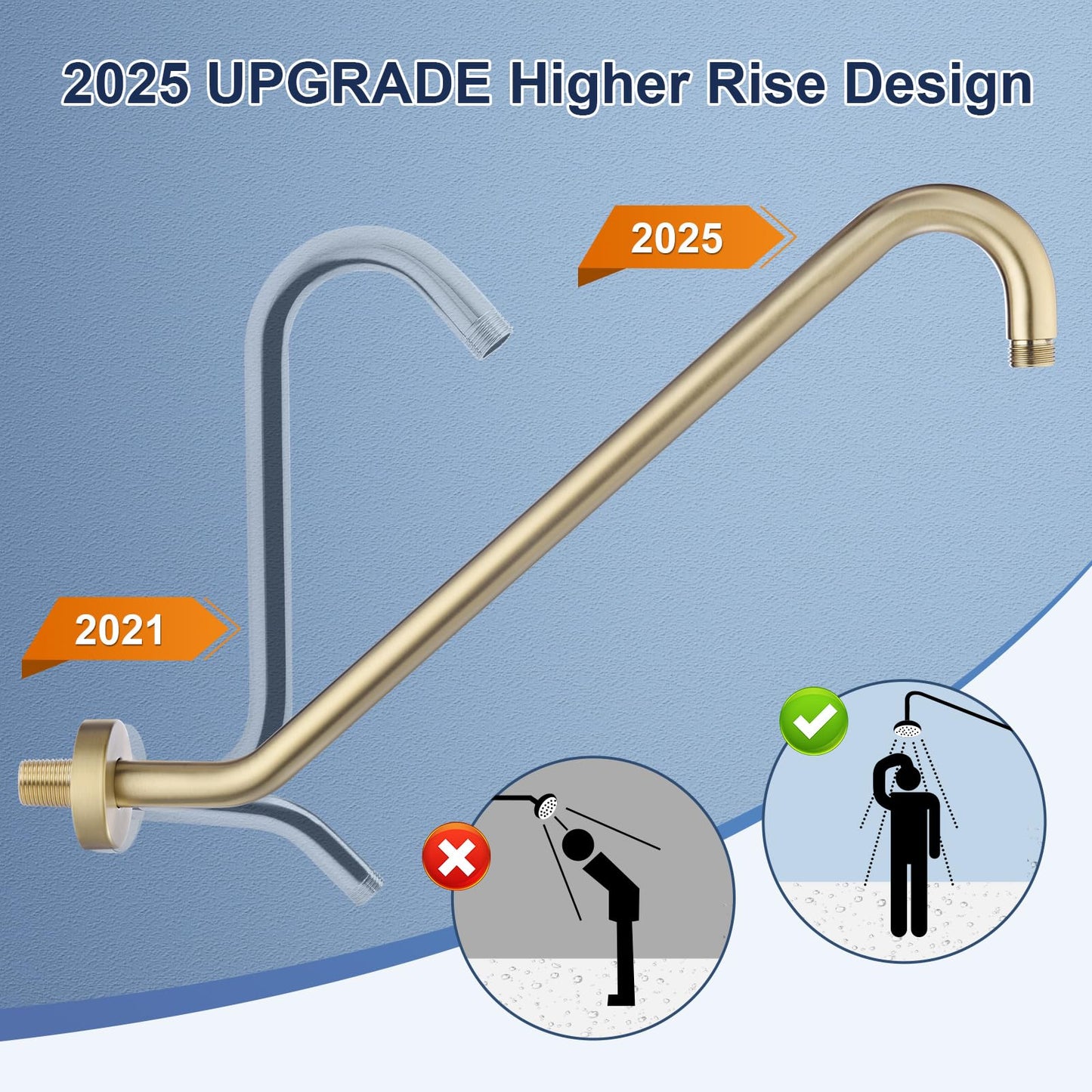 Shower Extension Arm with Flange Uvish 17" Shower Head Riser Pipe, Stainless Steel High Rise Long Neck Shower Head Arm Extender Arm for Rain Shower Head, Standard 1/2" Connection, Brushed Gold