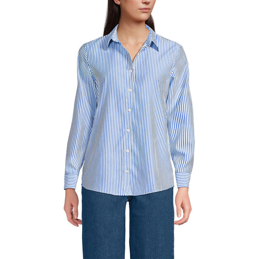 Lands' End Womens LS No Iron Button Front Shirt Vibrant Lapis/ice Blue Stripe Tall 10