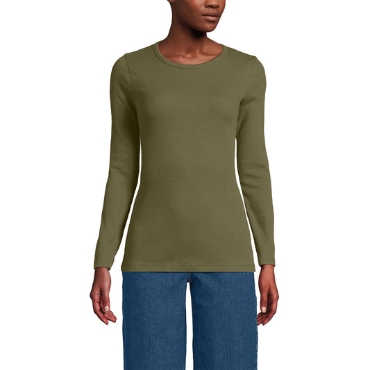 Lands' End Womens Long Sleeve Micro Rib Crew Olive Drab Tall Large