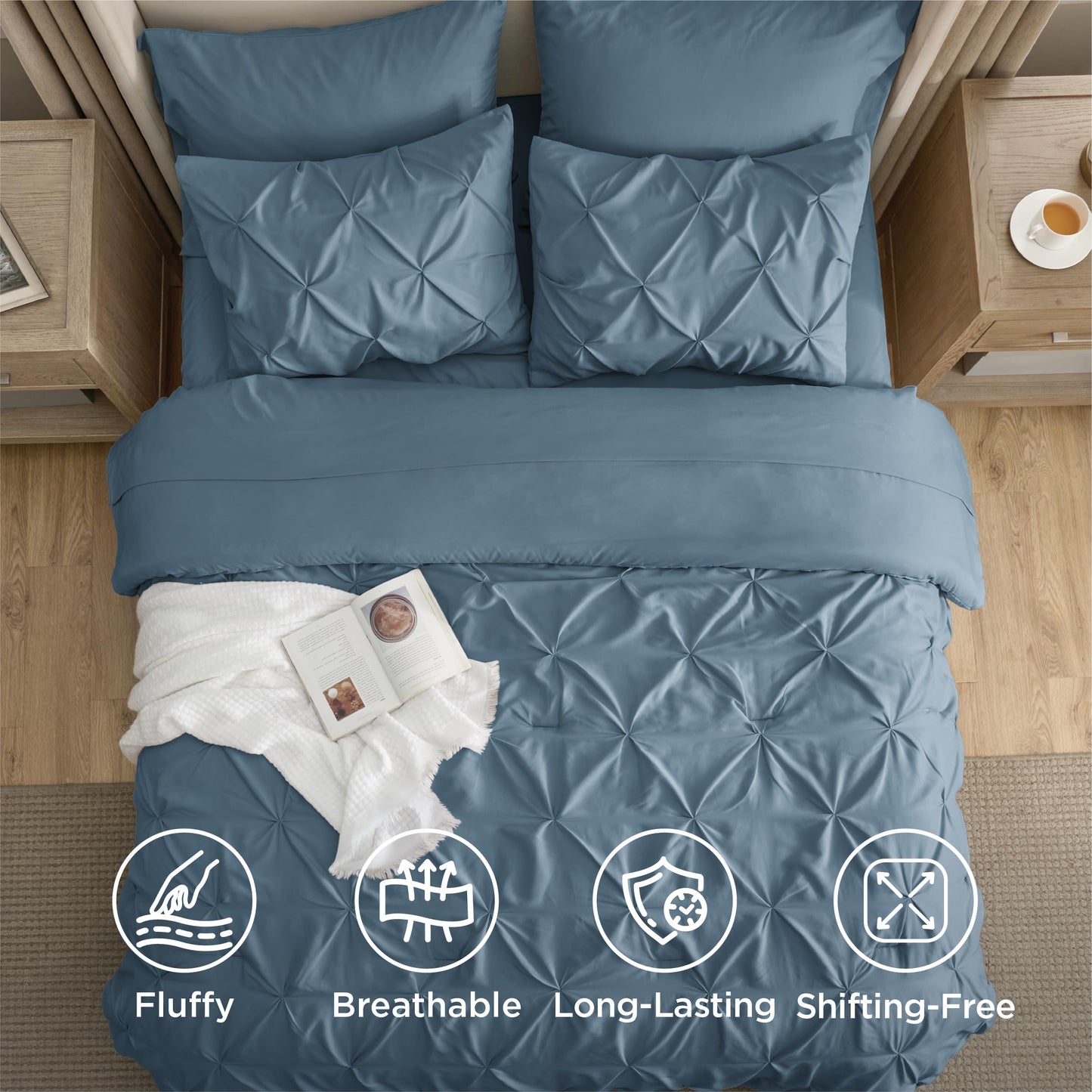 Bedsure California King Comforter Set Mineral Blue - Bed in a Bag California King 7 Pieces, GentleSoft™ Pintuck Bed Set Gift for Family, Pinch Pleat Blue Comforter with Sheets, Pillowcases & Shams