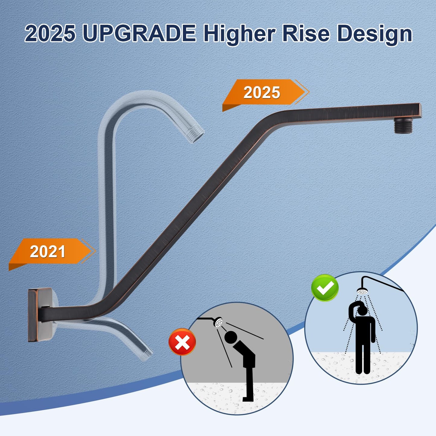 Square Shower Head Extension Arm with Flange, 16.5 Inch Z/S Shaped High Rise Shower Pipe Extender Wall-Mounted for Fixed Bathroom, Shower Head Goose Neck Arm - Extra Long Thread (Oil Rubbed Bronze)