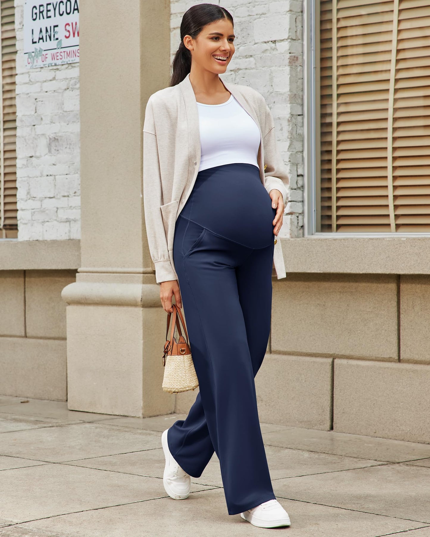 G4Free Maternity Lounge Pants with Pockets Yoga Wide Leg Pregnancy Slacks for Women Soft Stretchy for Work and Daily Wear(Royal Blue,M,34")