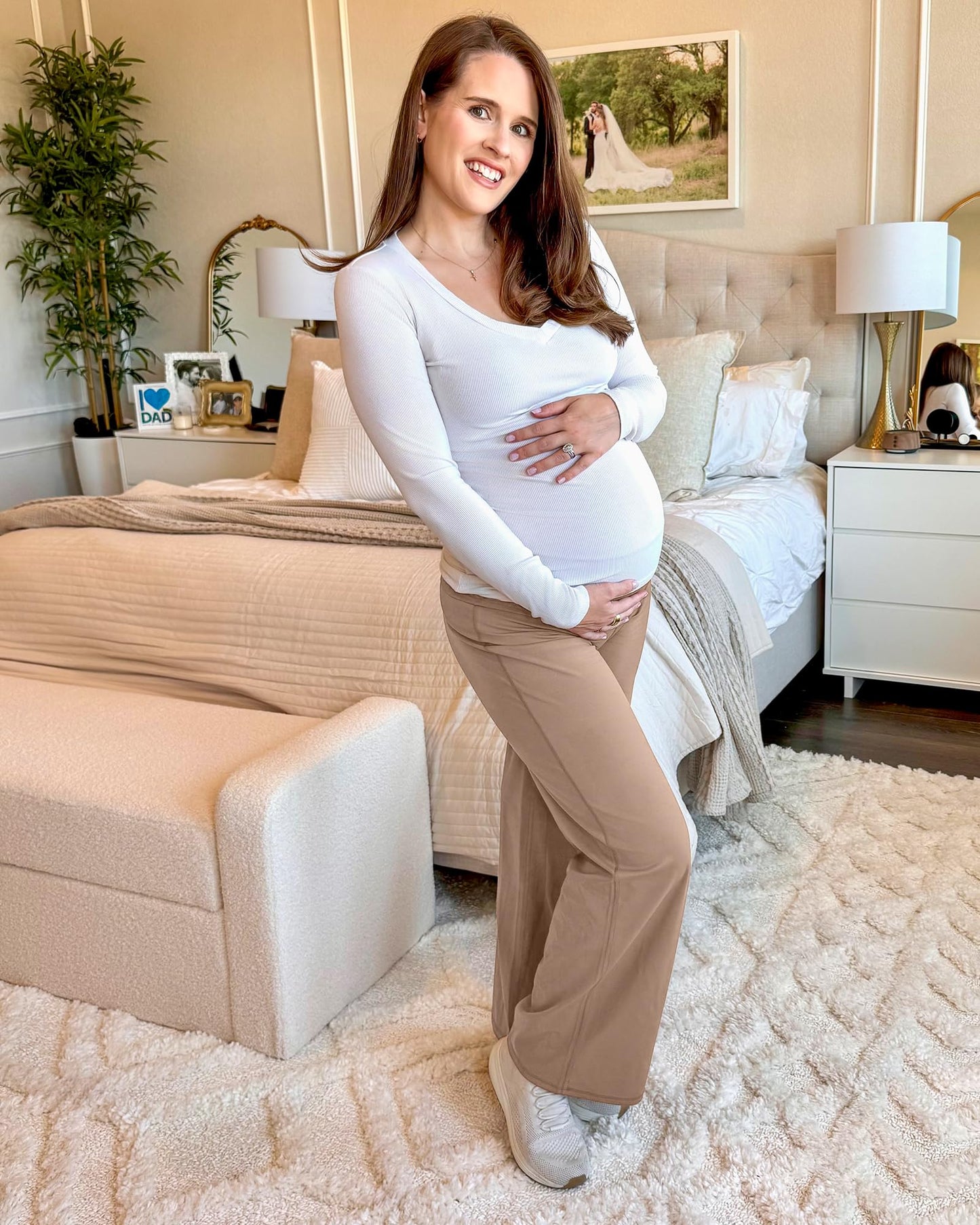 G4Free Maternity Clothes Wide Leg Yoga Pants Over The Belly Business Casual Pregnancy Dress Trousers for Lounge Work(Toffee,XS,32")