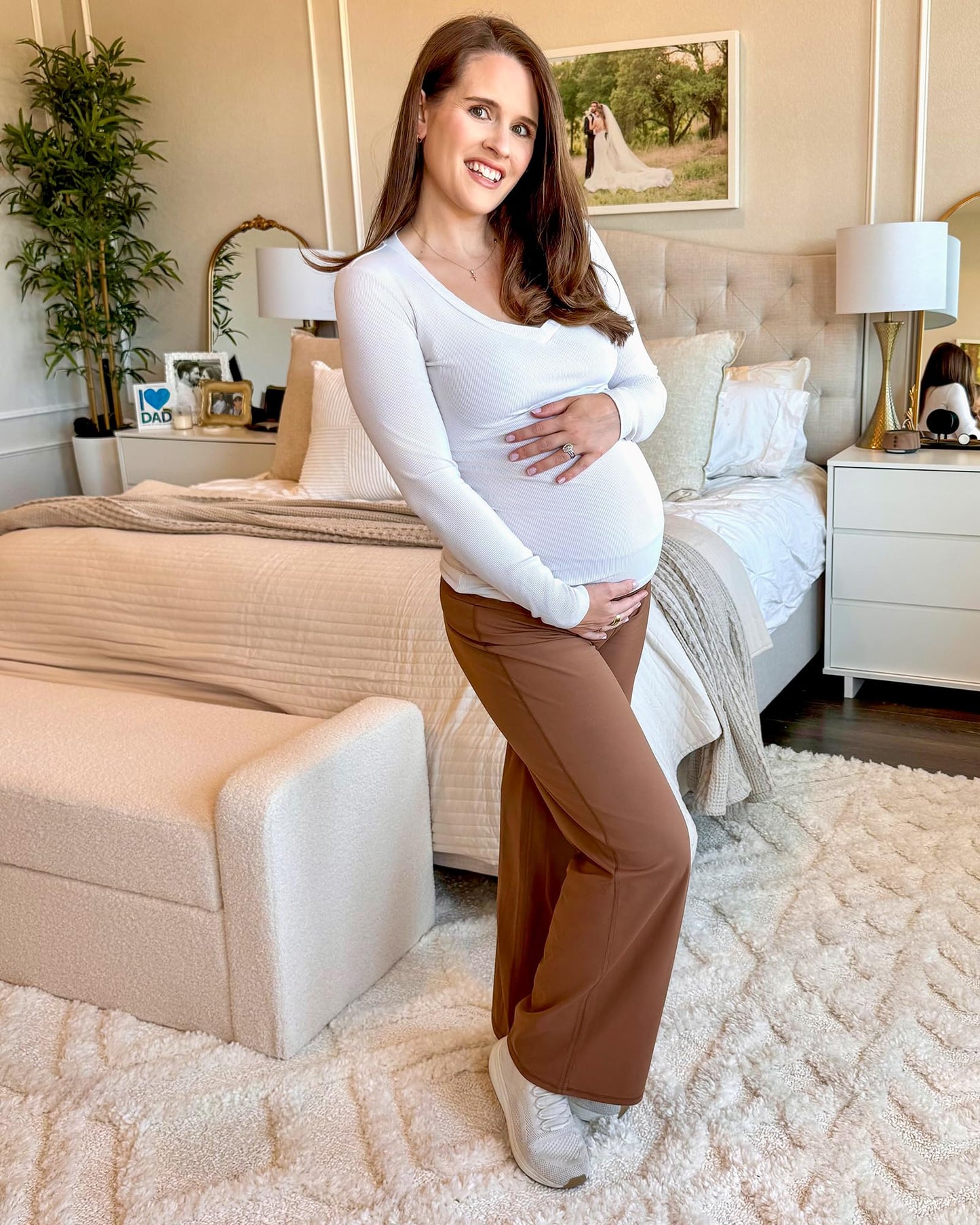 G4Free Woman Maternity Pants Yoga Wide Leg Sweatpants High Waist Trousers Fall Pregnancy Clothes Over The Belly Casual Wear(Dark Coffee,XS,34")