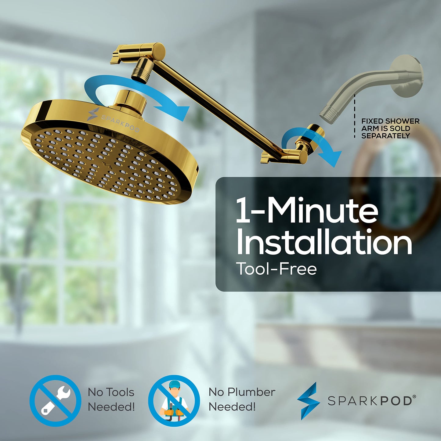 SparkPod Round Rain Shower Head with Extension Arm - Height Adjustable Shower Head with High Pressure Performance - Easy 1-Minute Installation (11" Arm Extension, Egyptian Gold)