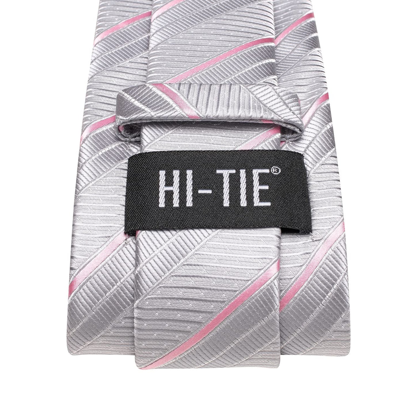 Hi-Tie Silver Ties for Men 70''Silk Extra Long Men's Ties Set Striped Necktie and Pocket Square Cufflinks for Business