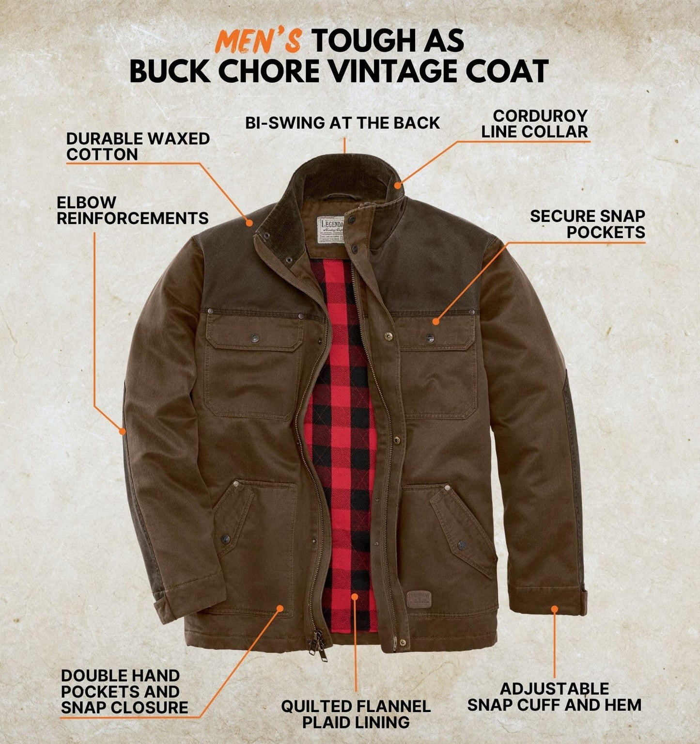 Legendary Whitetails Men's Big Barn Chore Coat Vintage Work Jacket Waxed Cotton Water Resistant, Rawhide, 3X-Large Tall