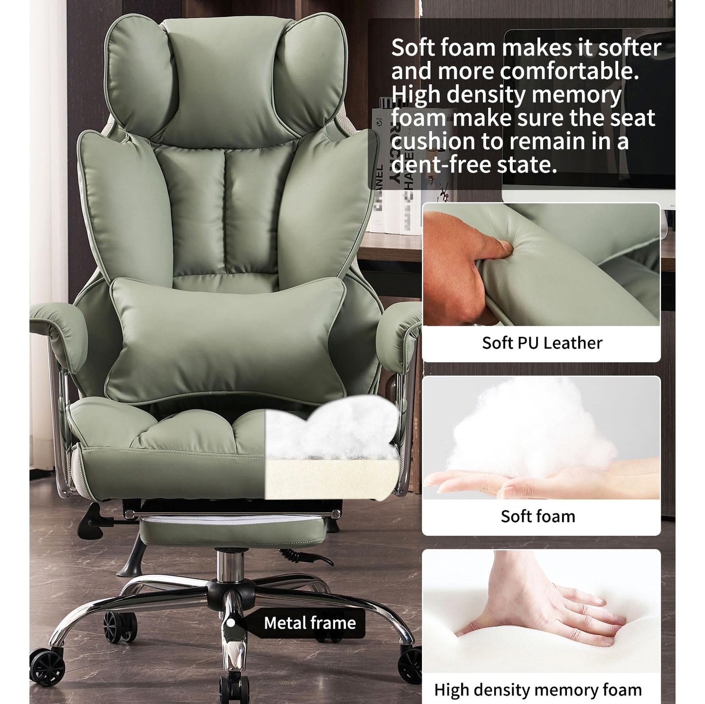 Efomao Big and Tall Office Chair 400lbs - Executive Office Chairs with Footrest, Heavy-Duty PU Leather Computer Chair for Heavy People, Light Green Home Office Desk Chairs