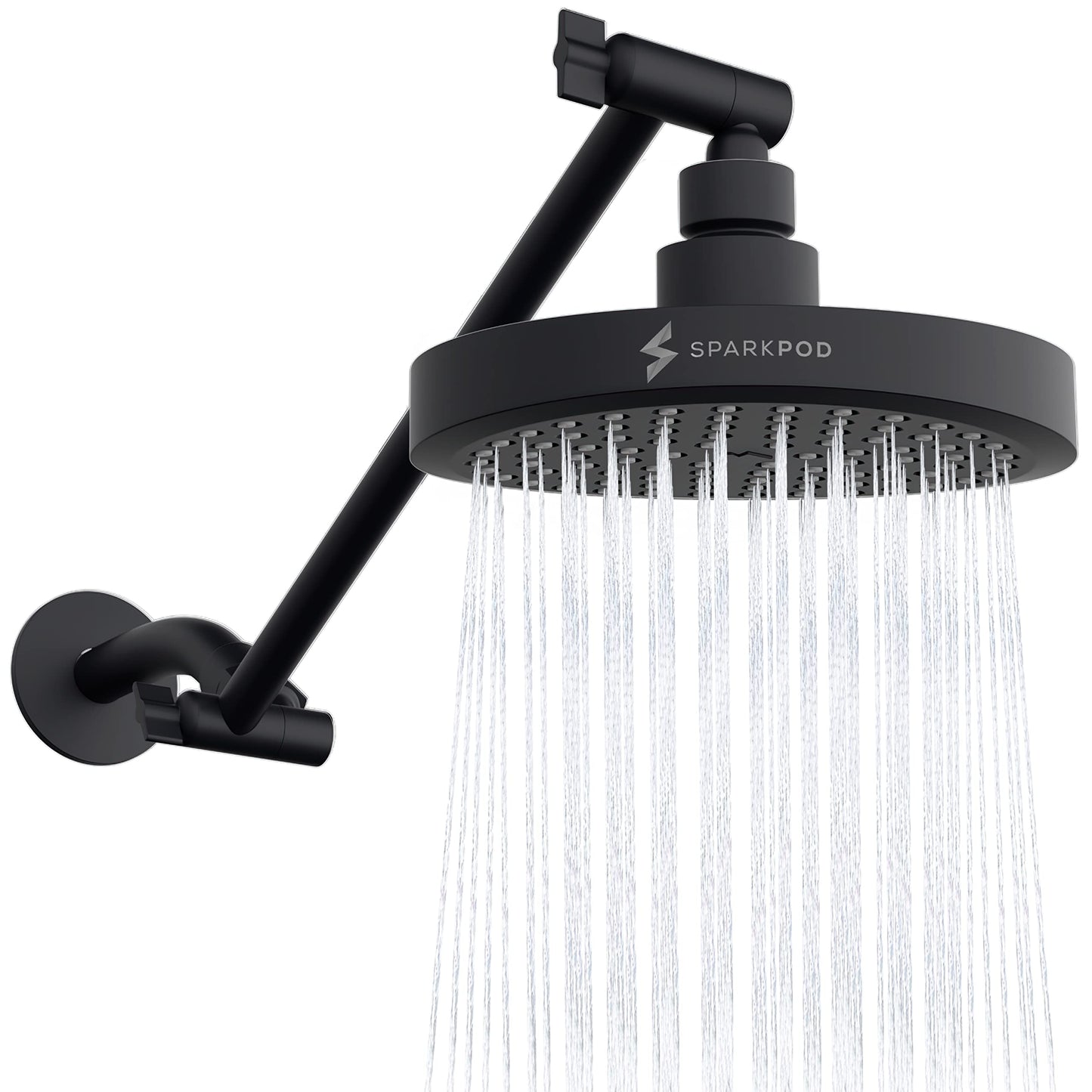 SparkPod Round Rain Shower Head with Extension Arm - Height Adjustable Shower Head with High Pressure Performance - Easy 1-Minute Installation (11" Arm Extension, Midnight Black Matte)