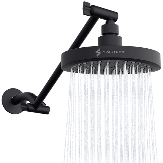 SparkPod Round Rain Shower Head with Extension Arm - Height Adjustable Shower Head with High Pressure Performance - Easy 1-Minute Installation (11" Arm Extension, Midnight Black Matte)